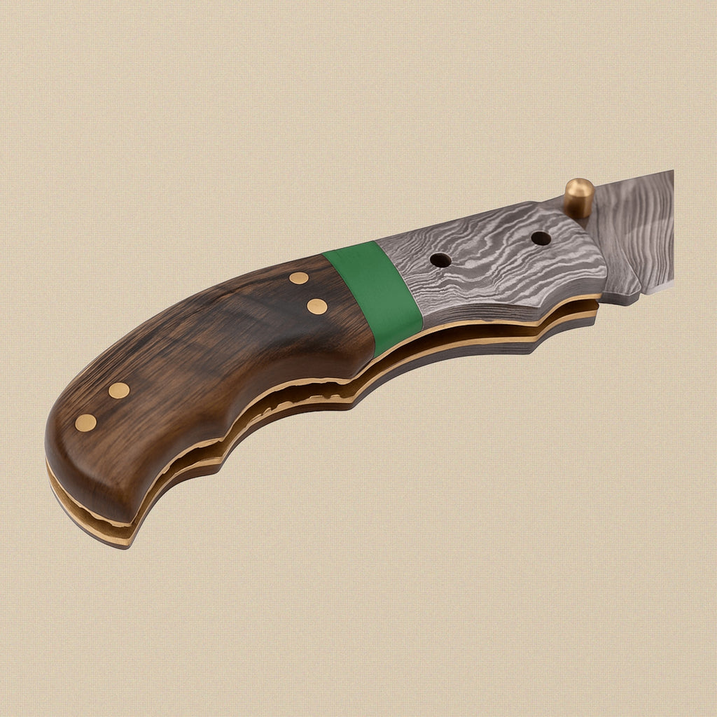 Ram Horn Handled Folding Knife with 76mm Fire Pattern Damascus Blade and Sheath | Folding Knife | Toolsmith Ltd UK