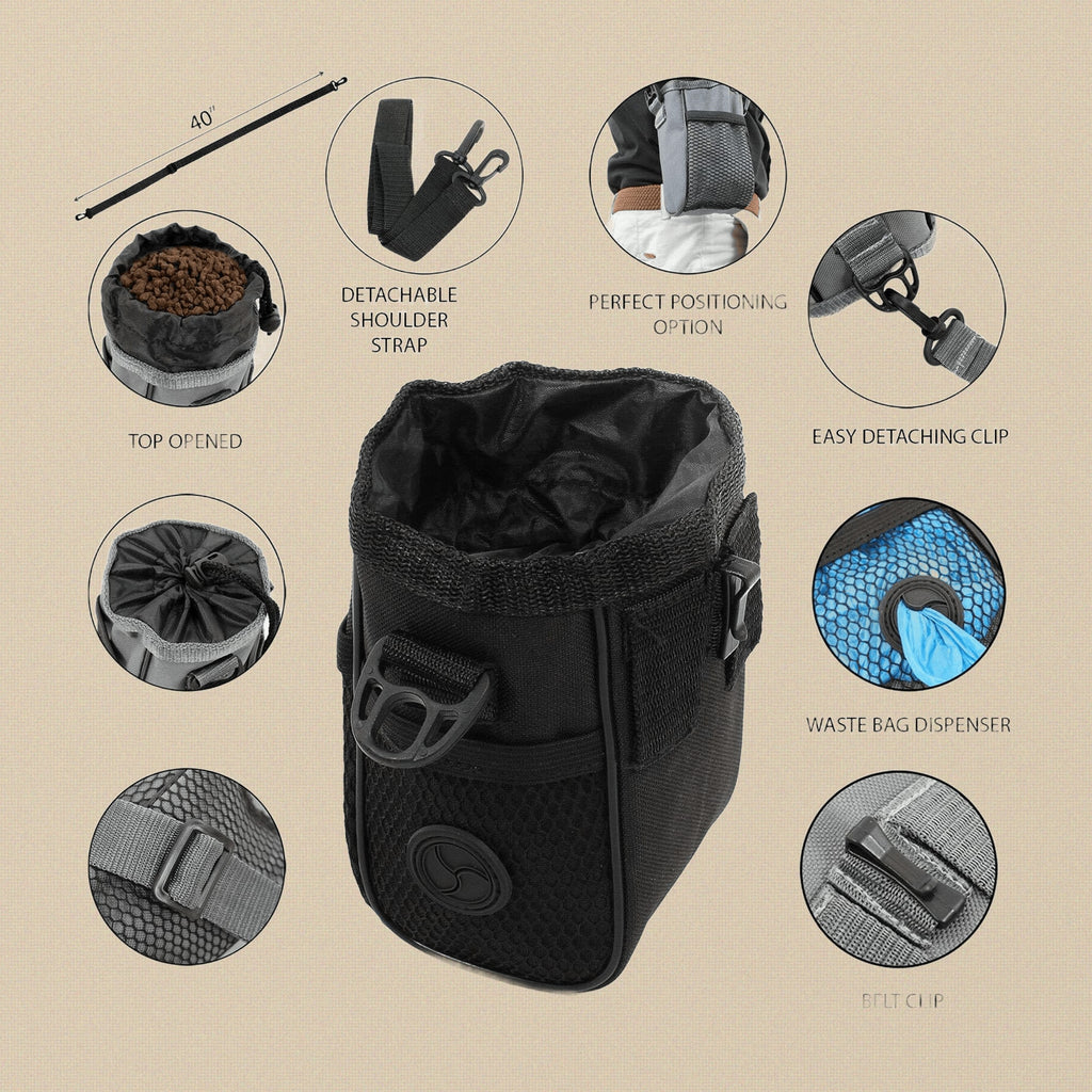 Black Pets Training Treat Pouch, 6" x 3" Dog Cat Premium Treat Bag with Detachable Shoulder Strap, Waist Clip Dispenser for Puppy Obedience Training | Pet Grooming Tools | Toolsmith Ltd UK