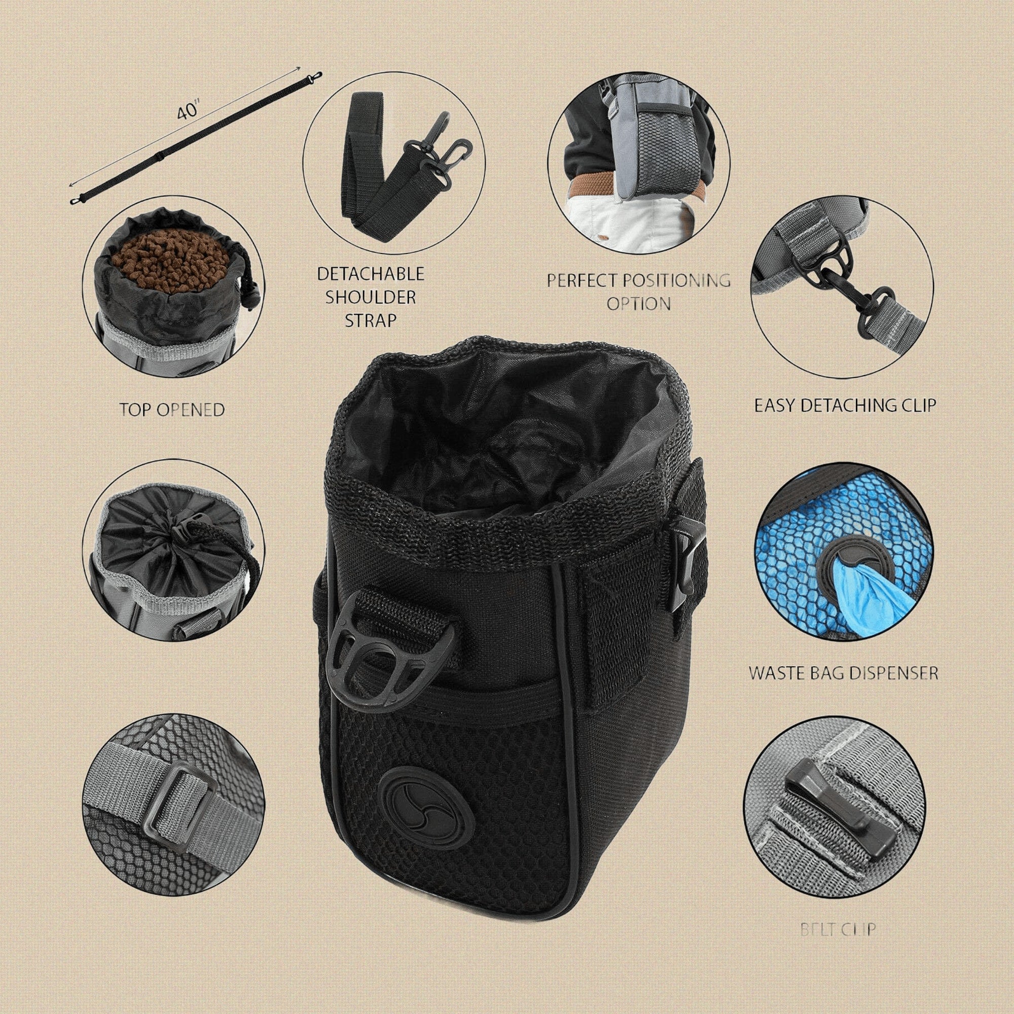 Black Pets Training Treat Pouch, 6" x 3" Dog Cat Premium Treat Bag with Detachable Shoulder Strap, Waist Clip Dispenser for Puppy Obedience Training | Pet Grooming Tools | Toolsmith Ltd UK