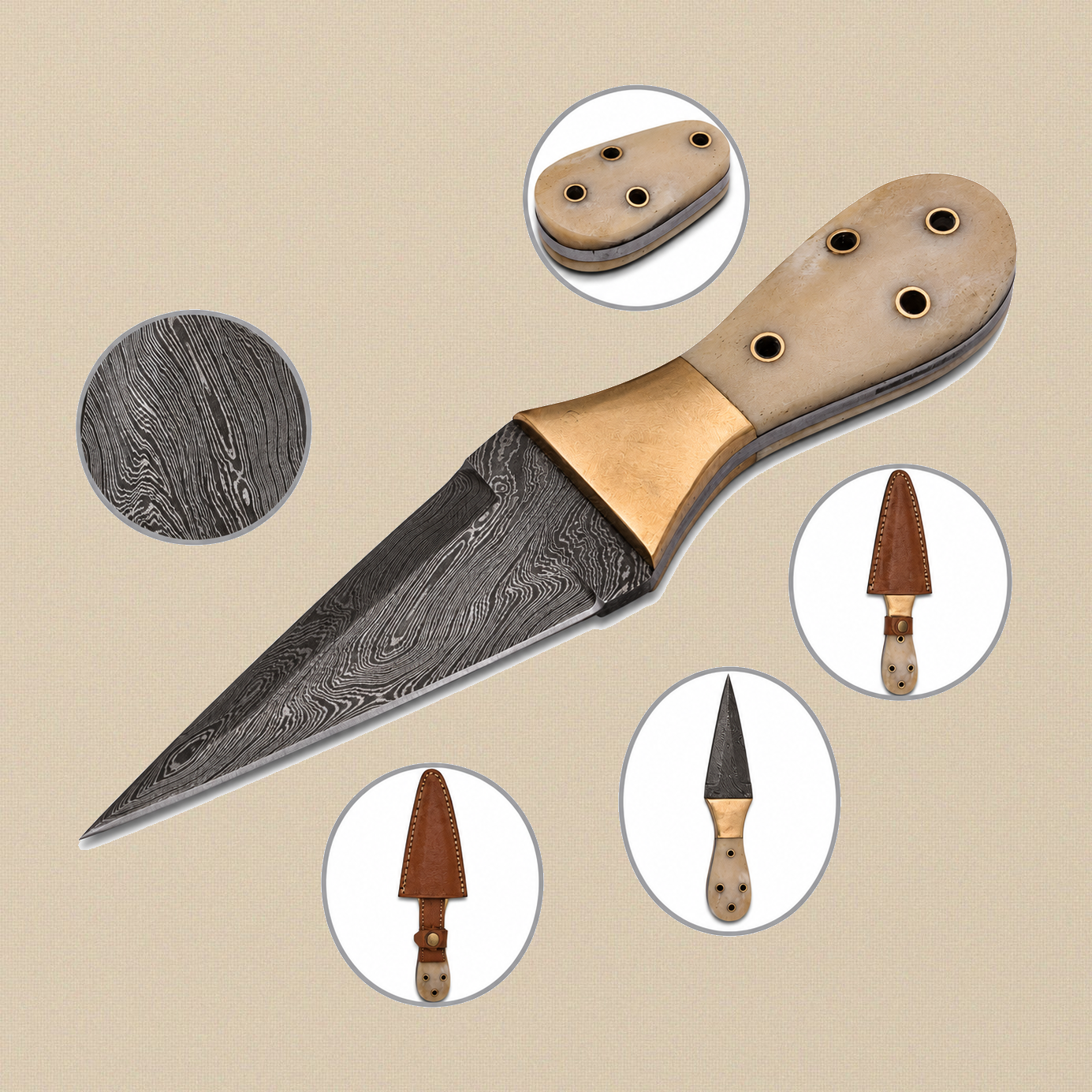 Damascus Steel Dagger, 216mm, with Bone-and-Brass Handle and Leather Sheath | Dagger | Toolsmith Ltd UK