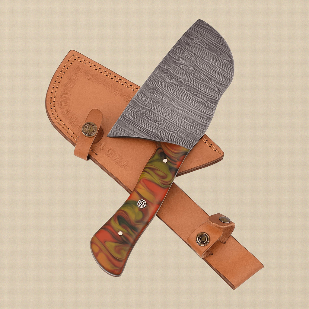 Damascus Steel Cleaver with 165mm Blade, Horn Handle and Leather Sheath | Cleaver | Toolsmith Ltd UK