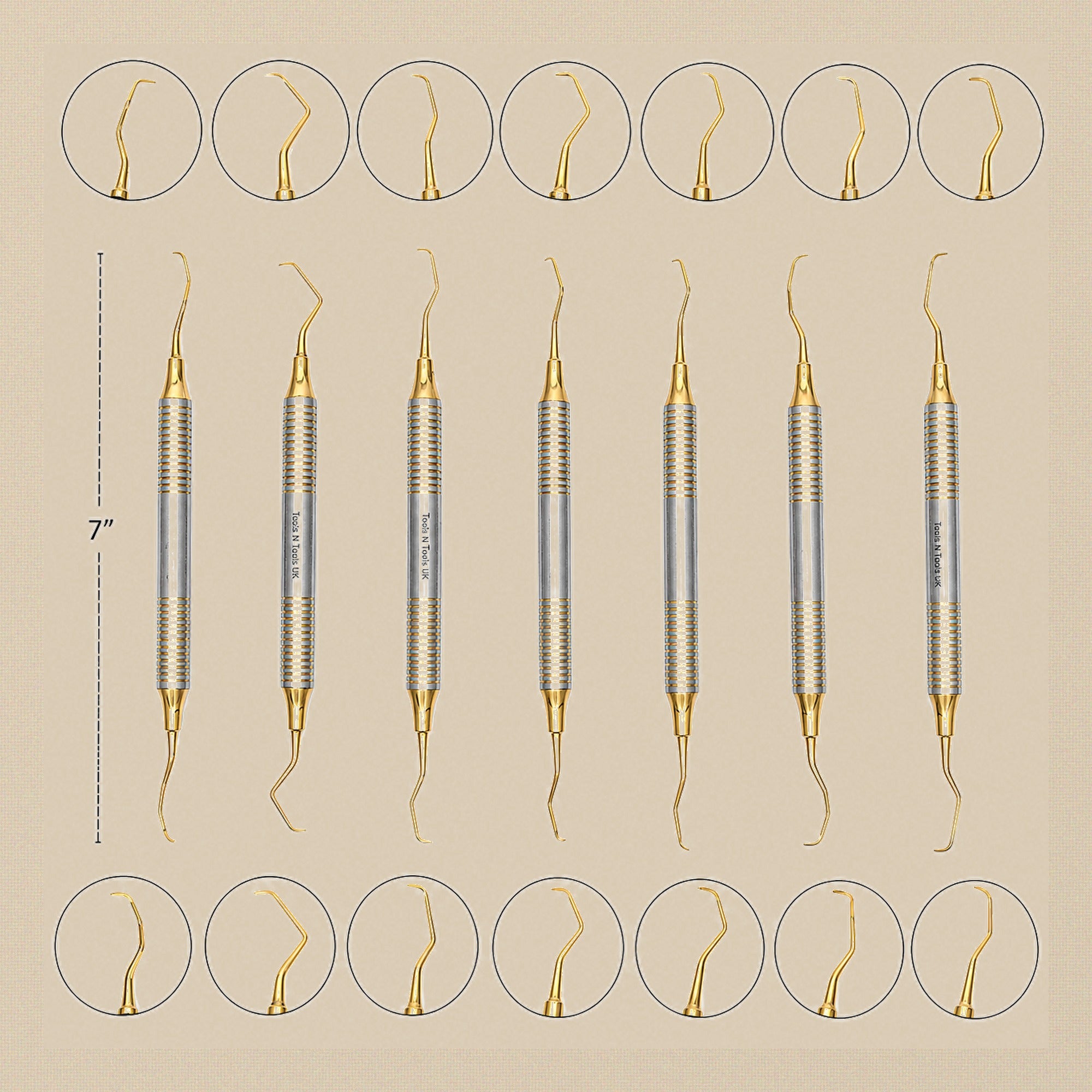 Gracey Curette & Scaler Set, 7-Piece Gold Plasma-Coated, Sizes 1/2–13/14 | Dental Instruments | Toolsmith Ltd UK