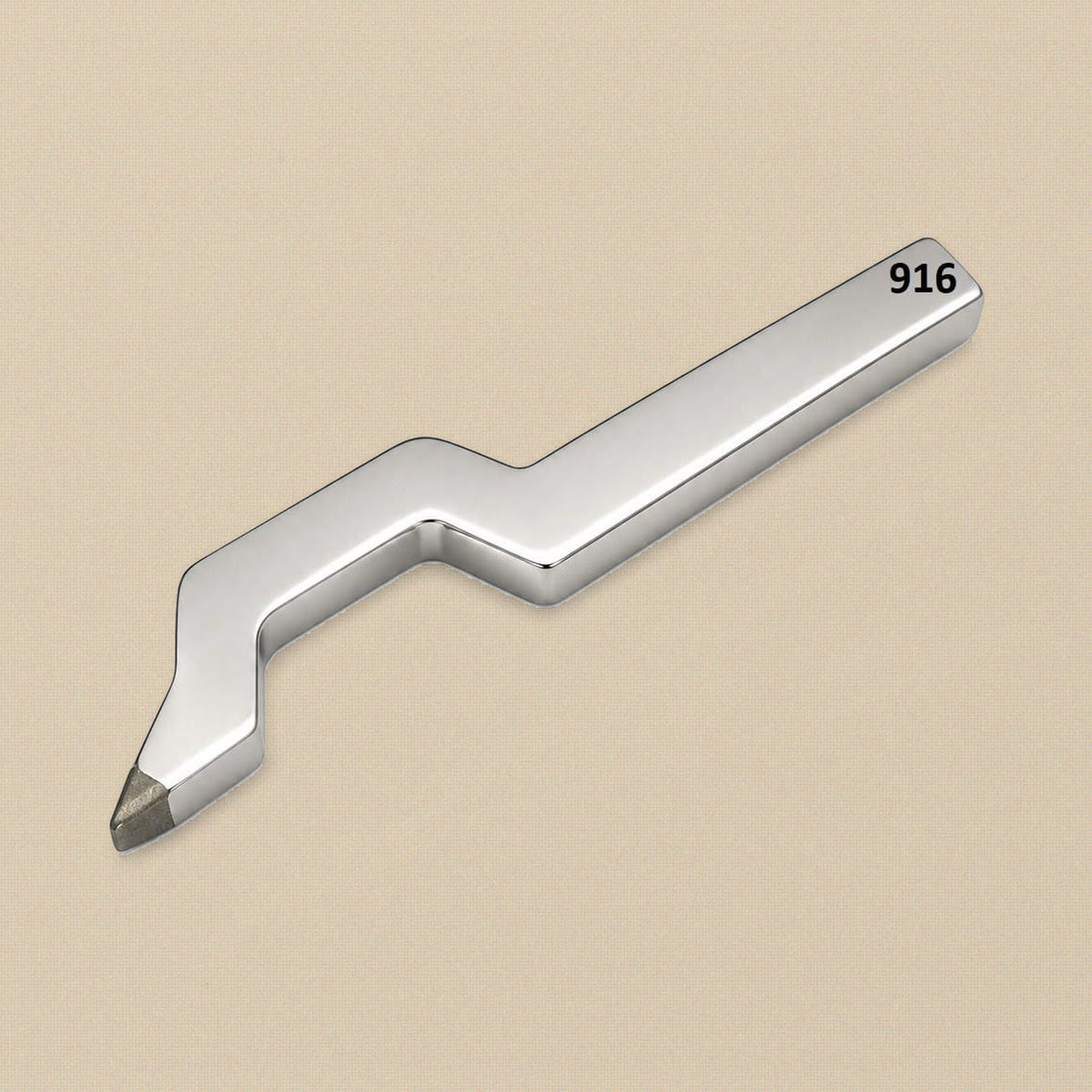 Swan neck ring stamp punch, polished steel bar with an offset cranked tip, labelled '916' for the 22 carat gold mark