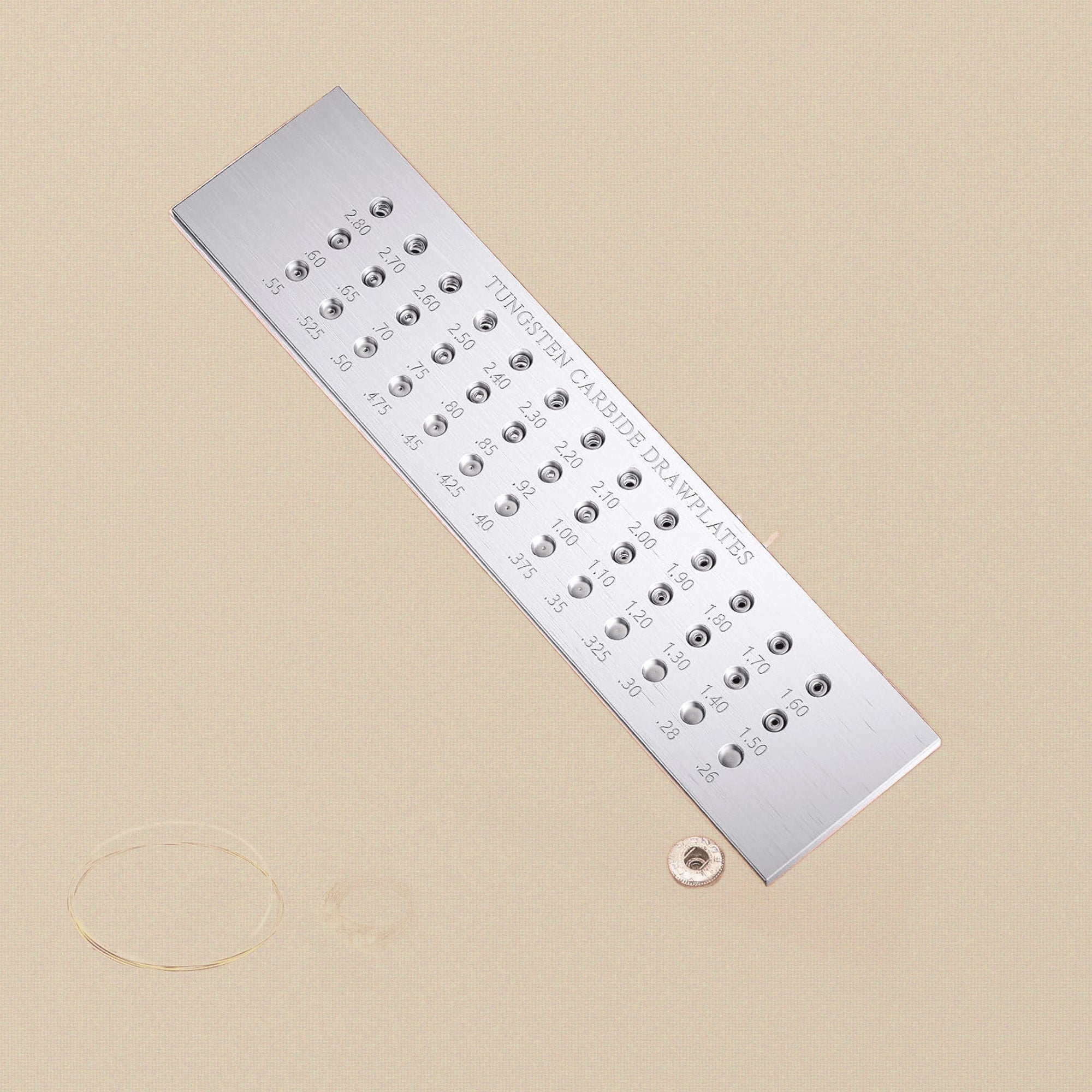 Tungsten Carbide Wire Draw Plate Jewellery Tool, 39 Holes, 0.26-2.80 mm Range, Professional Wires & Metal Working Equipment, 207 x 48 x 5 mm | Jewellery Making Tools | Toolsmith Ltd UK