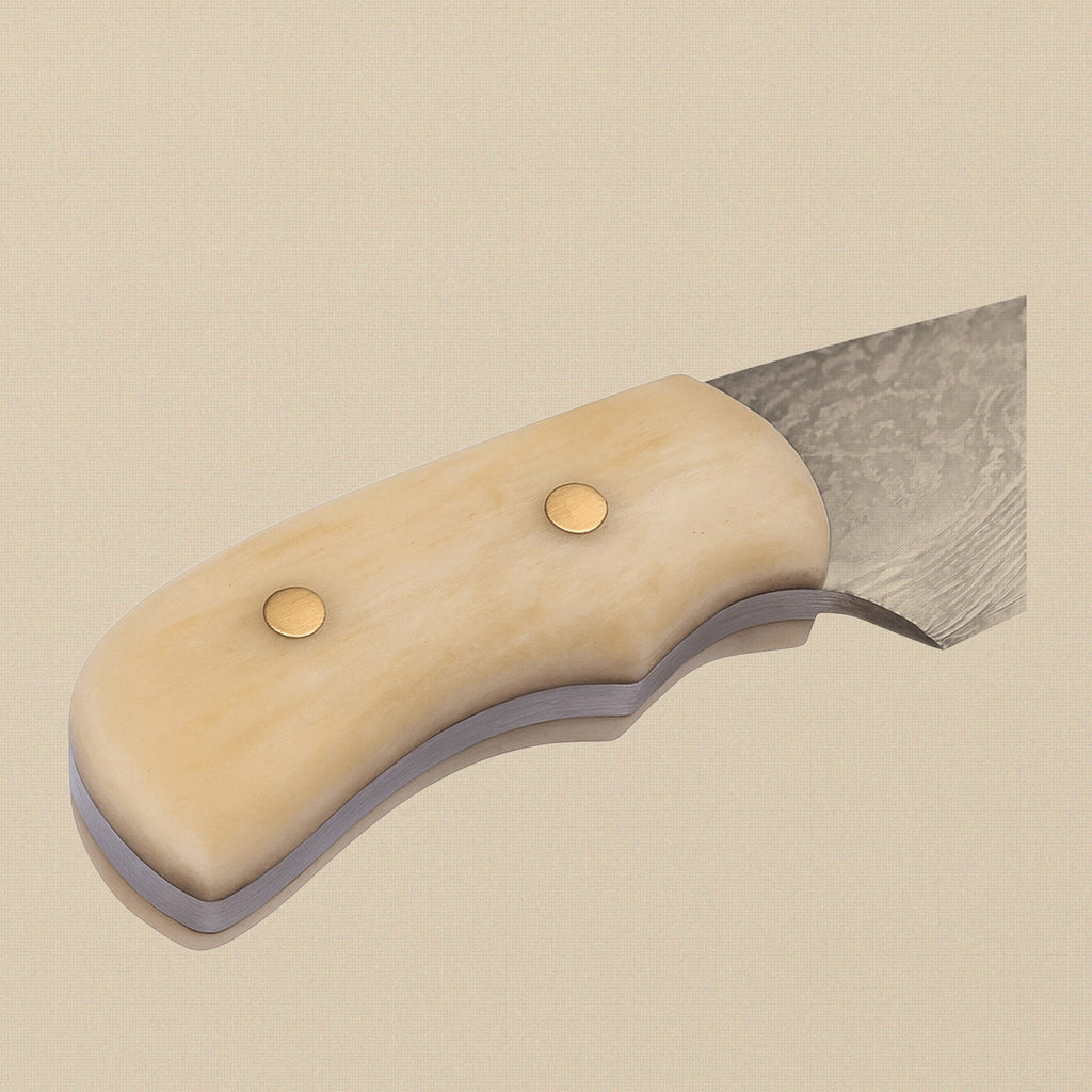 Miniature Damascus Skinner Knife, 76mm, Bone-Handled with Leather Sheath | Miniature Knife | Toolsmith Ltd UK