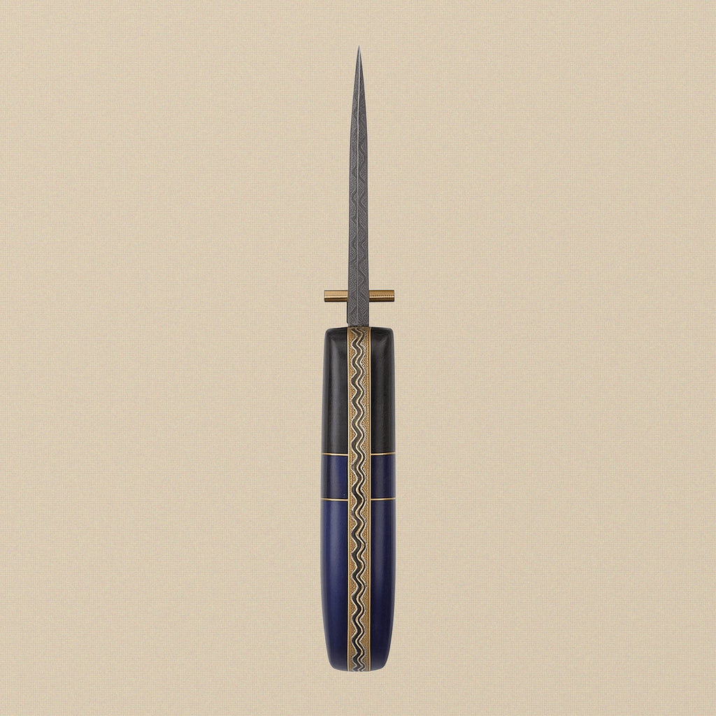 Damascus Steel Folding Knife with Blue Camel Bone Handle & Sheath, 191mm (7.5") | Folding Knife | Toolsmith Ltd UK