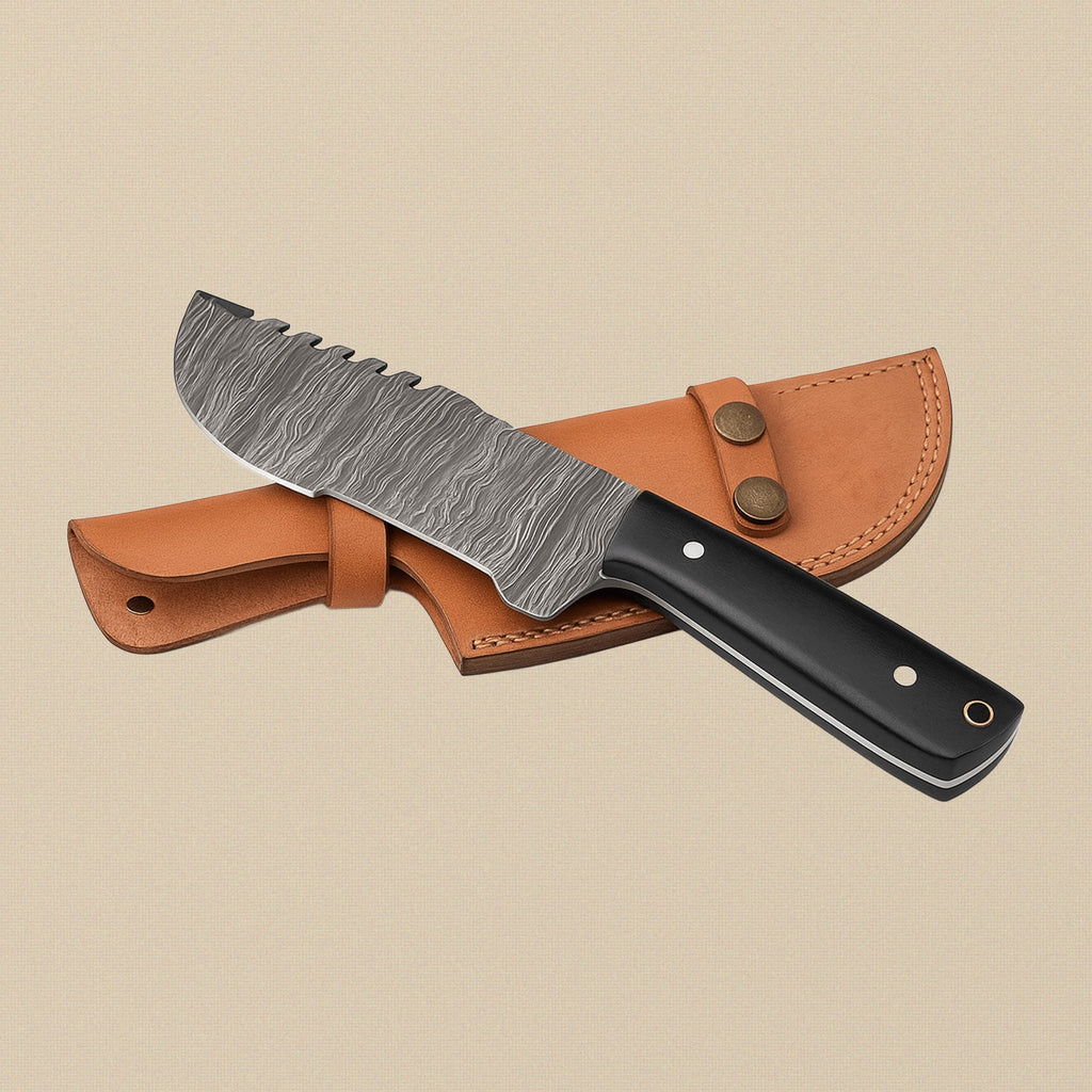 Damascus Steel Tracker Knife with 145 mm Blade, Buffalo Horn Handle and Leather Sheath | Tracker Knife | Toolsmith Ltd UK