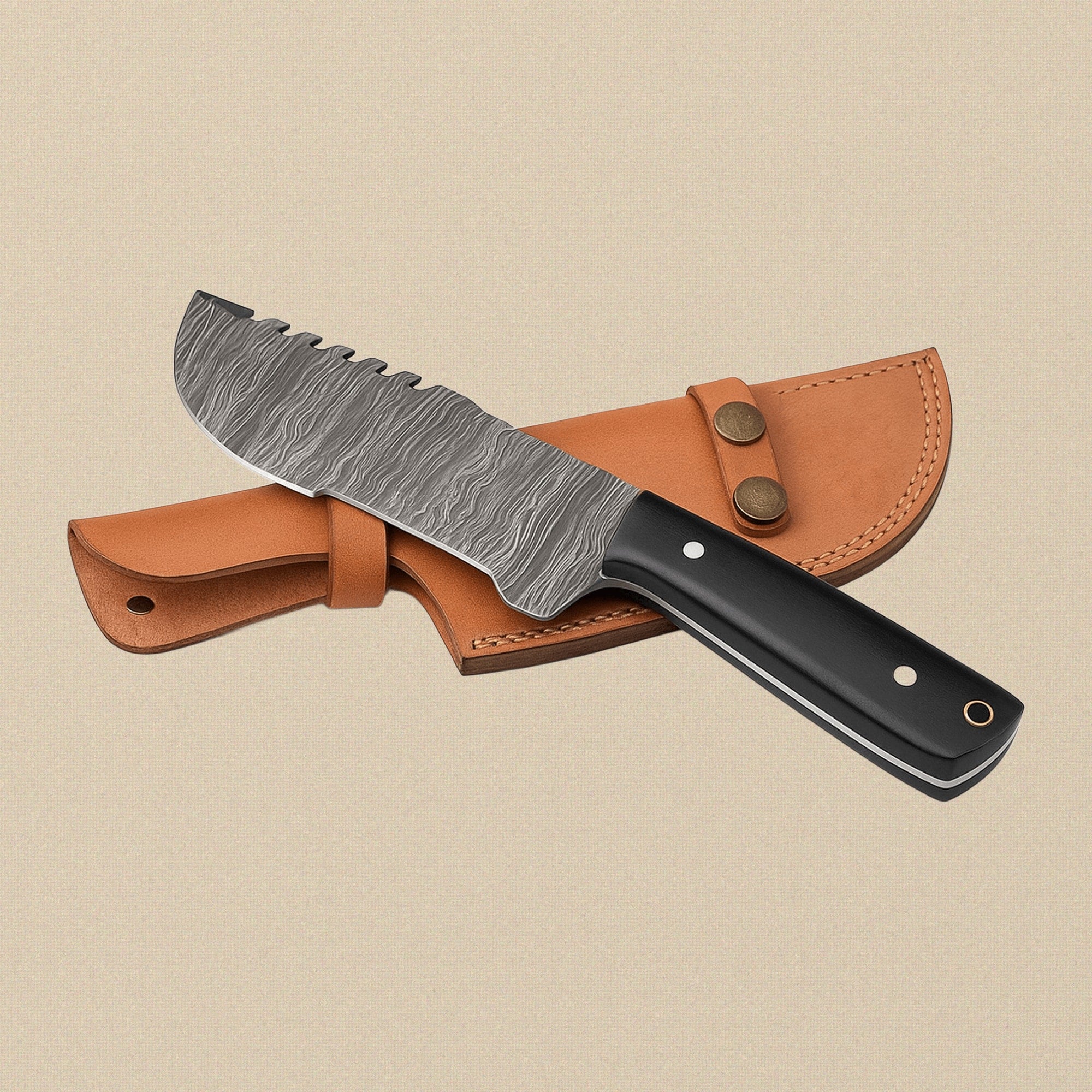 Damascus Steel Tracker Knife with 145 mm Blade, Buffalo Horn Handle and Leather Sheath | Tracker Knife | Toolsmith Ltd UK