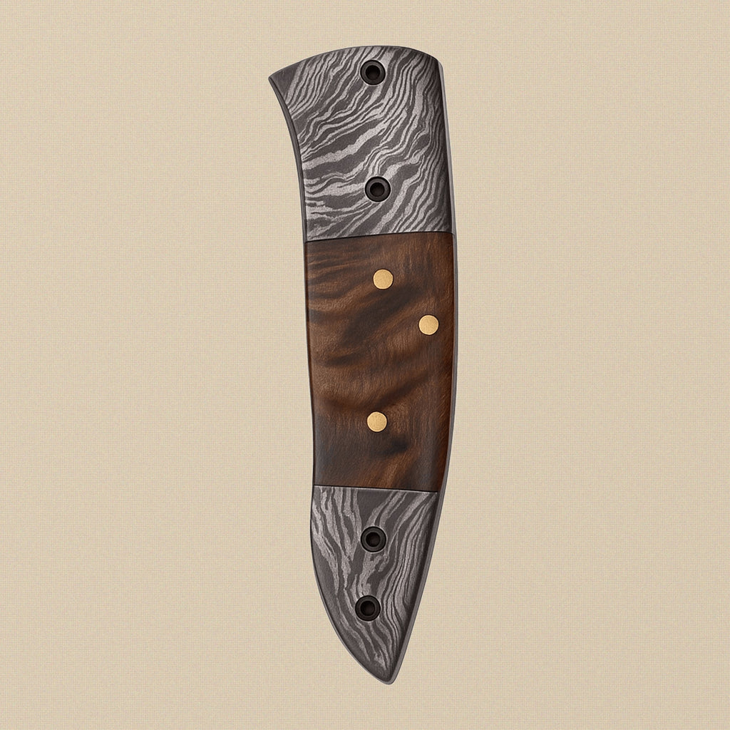 Damascus Steel Folding Knife (7.5") with Ram Horn Handle and Leather Sheath | Folding Knife | Toolsmith Ltd UK