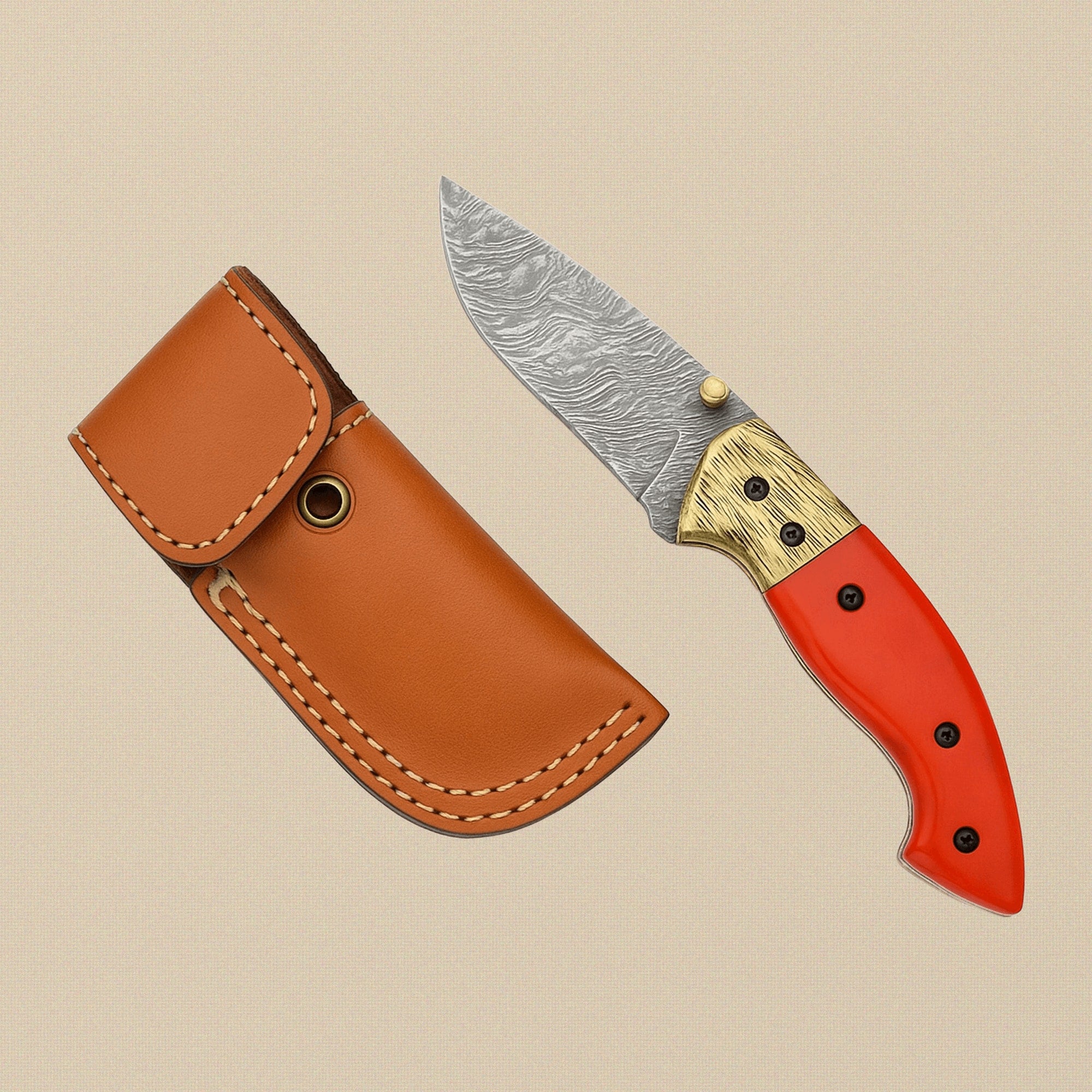 Camel Bone-Handled Damascus Folding Knife (7.4") with Engraved Bolsters and Leather Sheath | Folding Knife | Toolsmith Ltd UK