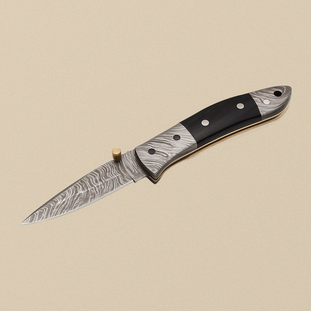 Damascus Steel Folding Knife with Black Ram Horn Handle & Leather Sheath, 7.5-inch | Folding Knife | Toolsmith Ltd UK