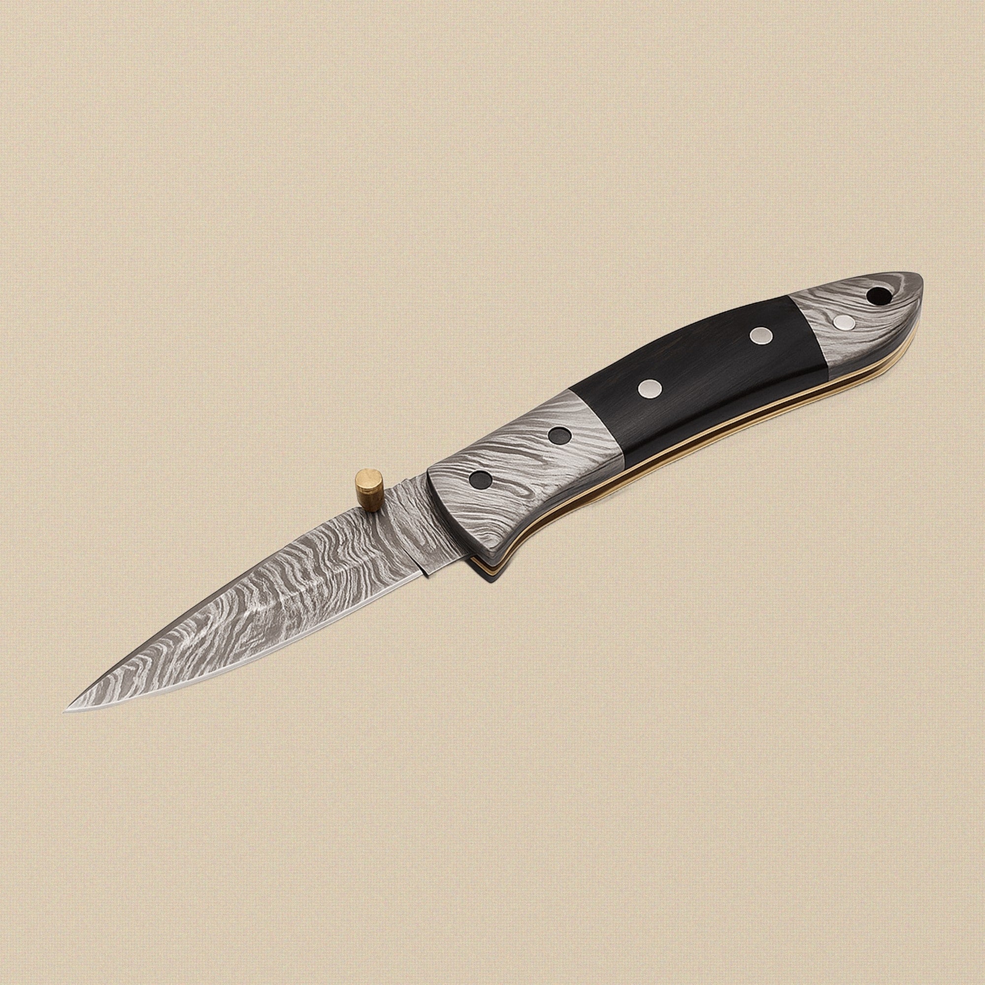 Damascus Steel Folding Knife with Black Ram Horn Handle & Leather Sheath, 7.5-inch | Folding Knife | Toolsmith Ltd UK