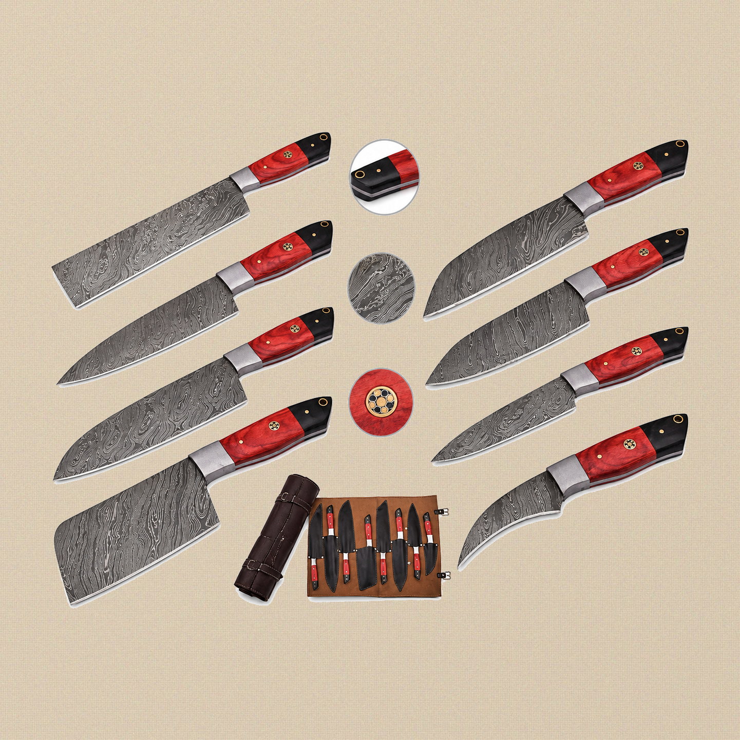 8-Piece Chef's Knife Set in Hand-Forged Damascus Steel with Red Pakkawood Handles and Leather Roll | Kitchen Knife Set | Toolsmith Ltd UK
