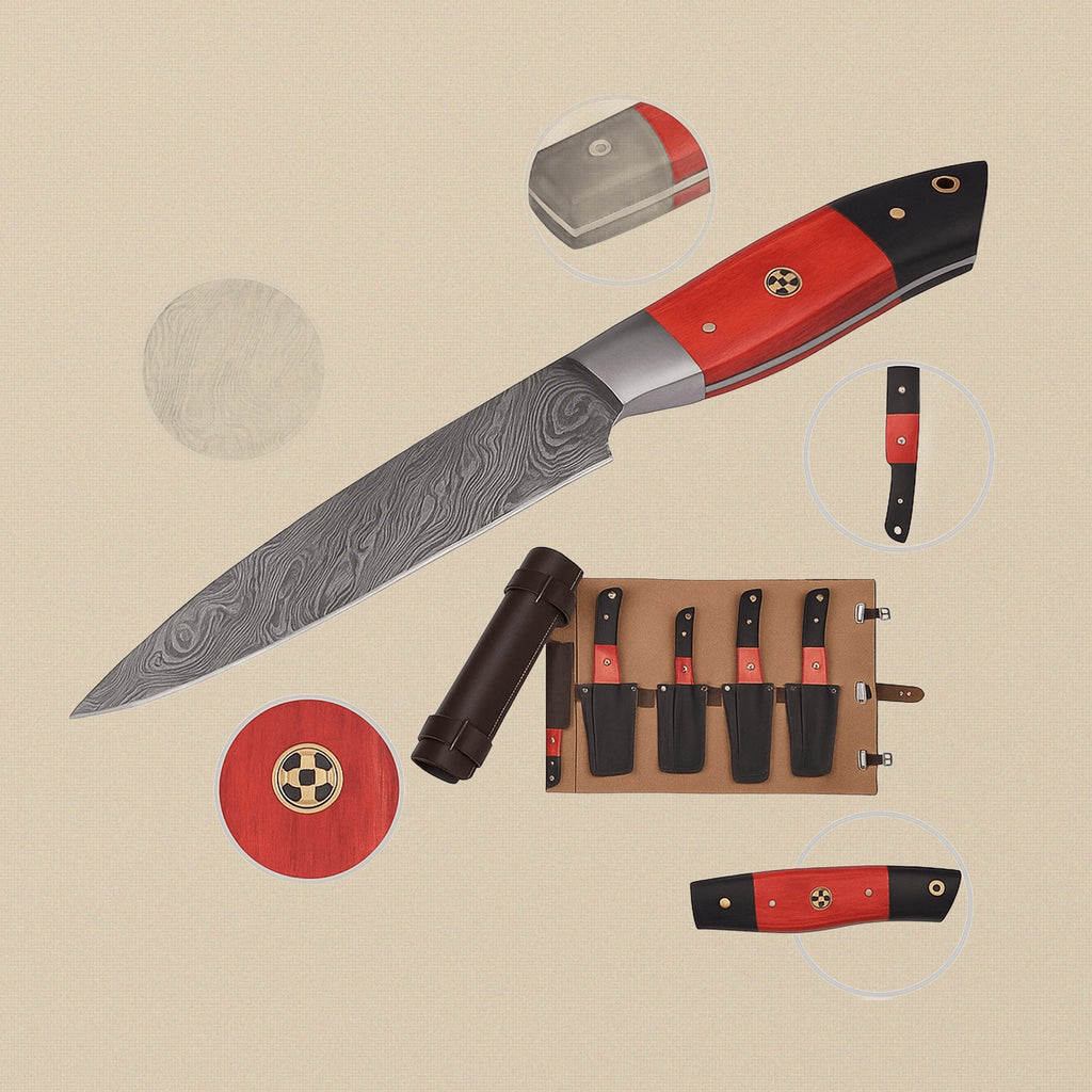 Hand-Forged Damascus Steel Kitchen Knife with Red Pakkawood Handle | Kitchen Knife | Toolsmith Ltd UK