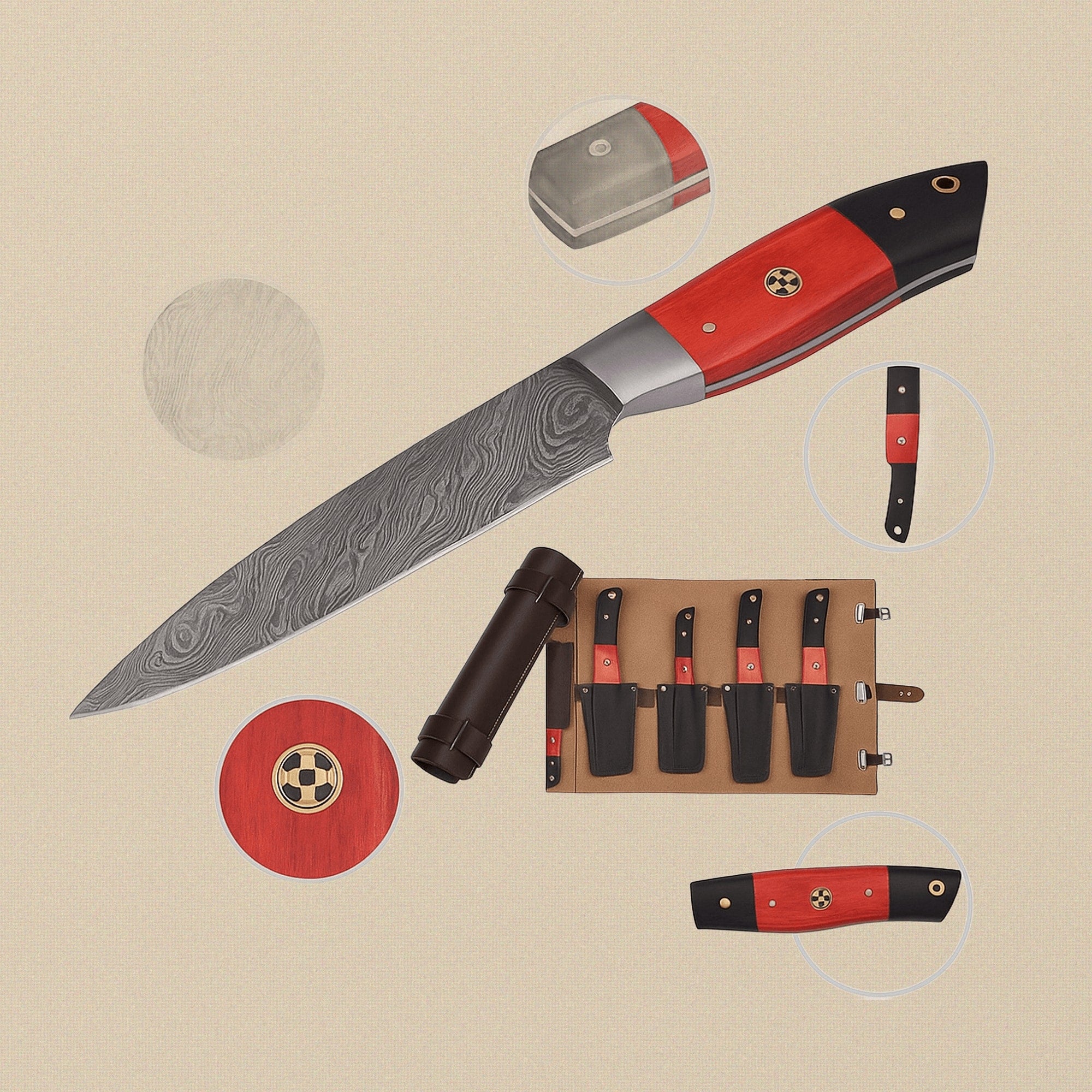 Hand-Forged Damascus Steel Kitchen Knife with Red Pakkawood Handle | Kitchen Knife | Toolsmith Ltd UK