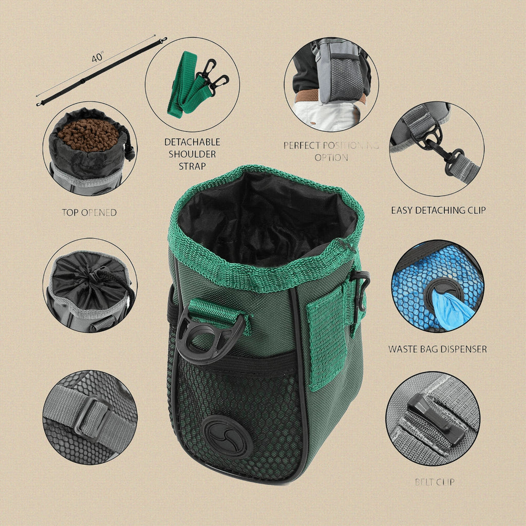 Green Pet Training Treat Pouch, 6" x 3" Dog Cat Premium Treat Bag with Detachable Shoulder Strap, for Puppy Obedience Training, Waist Clip Dispenser with Waste Bag Holder | Pet Grooming Tools | Toolsmith Ltd UK