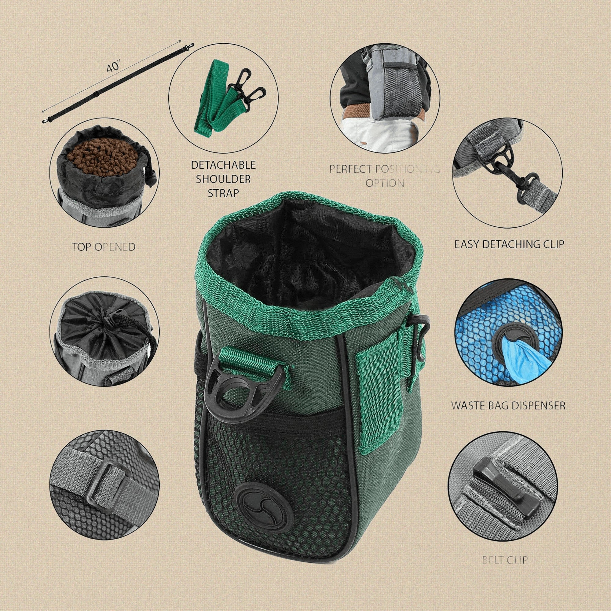 Green Pet Training Treat Pouch, 6" x 3" Dog Cat Premium Treat Bag with Detachable Shoulder Strap, for Puppy Obedience Training, Waist Clip Dispenser with Waste Bag Holder | Pet Grooming Tools | Toolsmith Ltd UK
