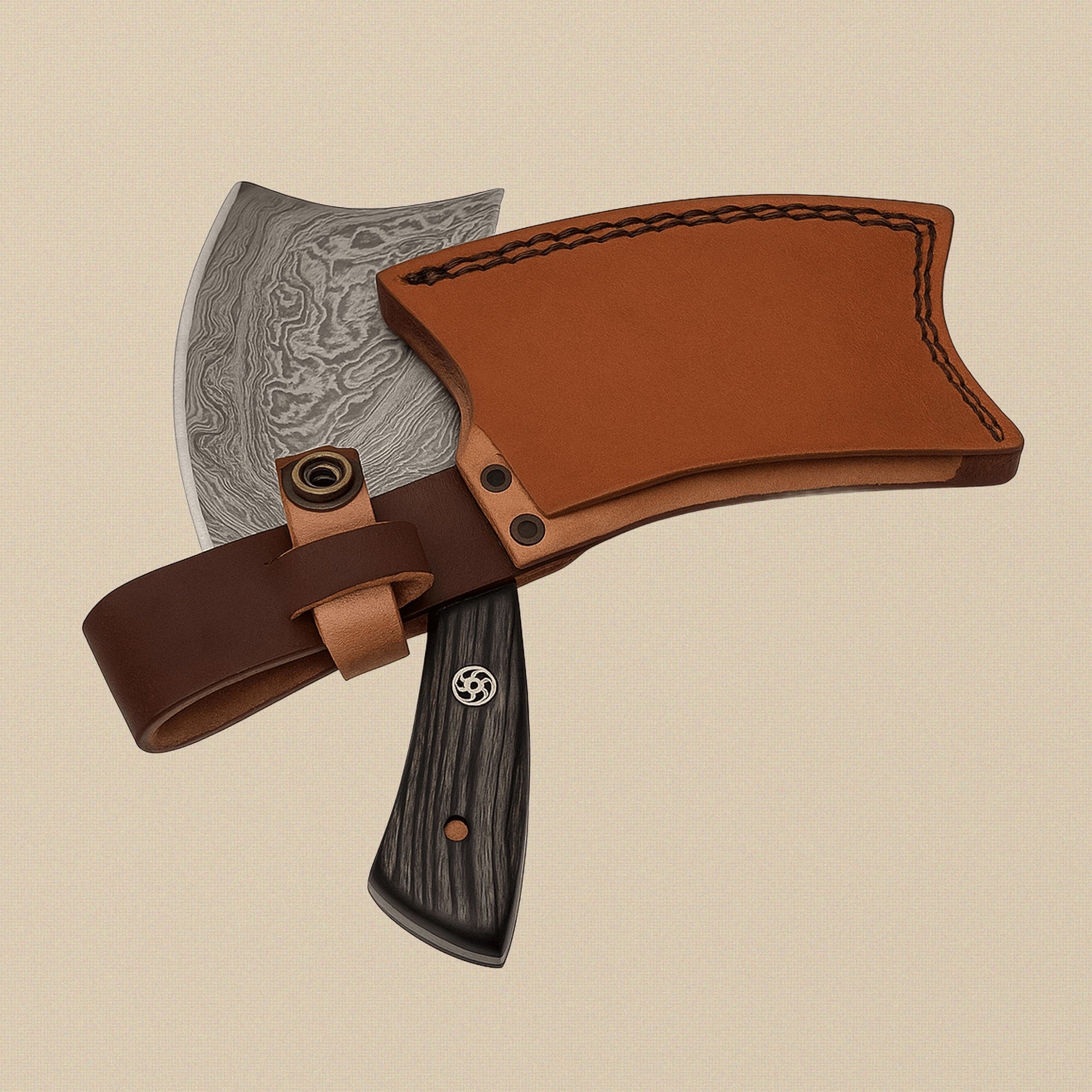 Mini Damascus Steel Axe, 7-inch, with Wood and Brass Handle and Leather Sheath | Axe | Toolsmith Ltd UK