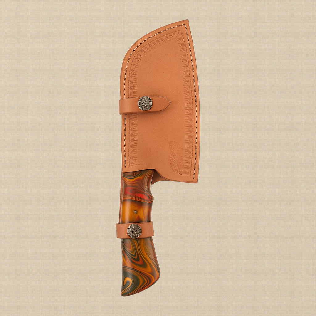 Damascus Steel Cleaver with 165mm Blade, Horn Handle and Leather Sheath | Cleaver | Toolsmith Ltd UK