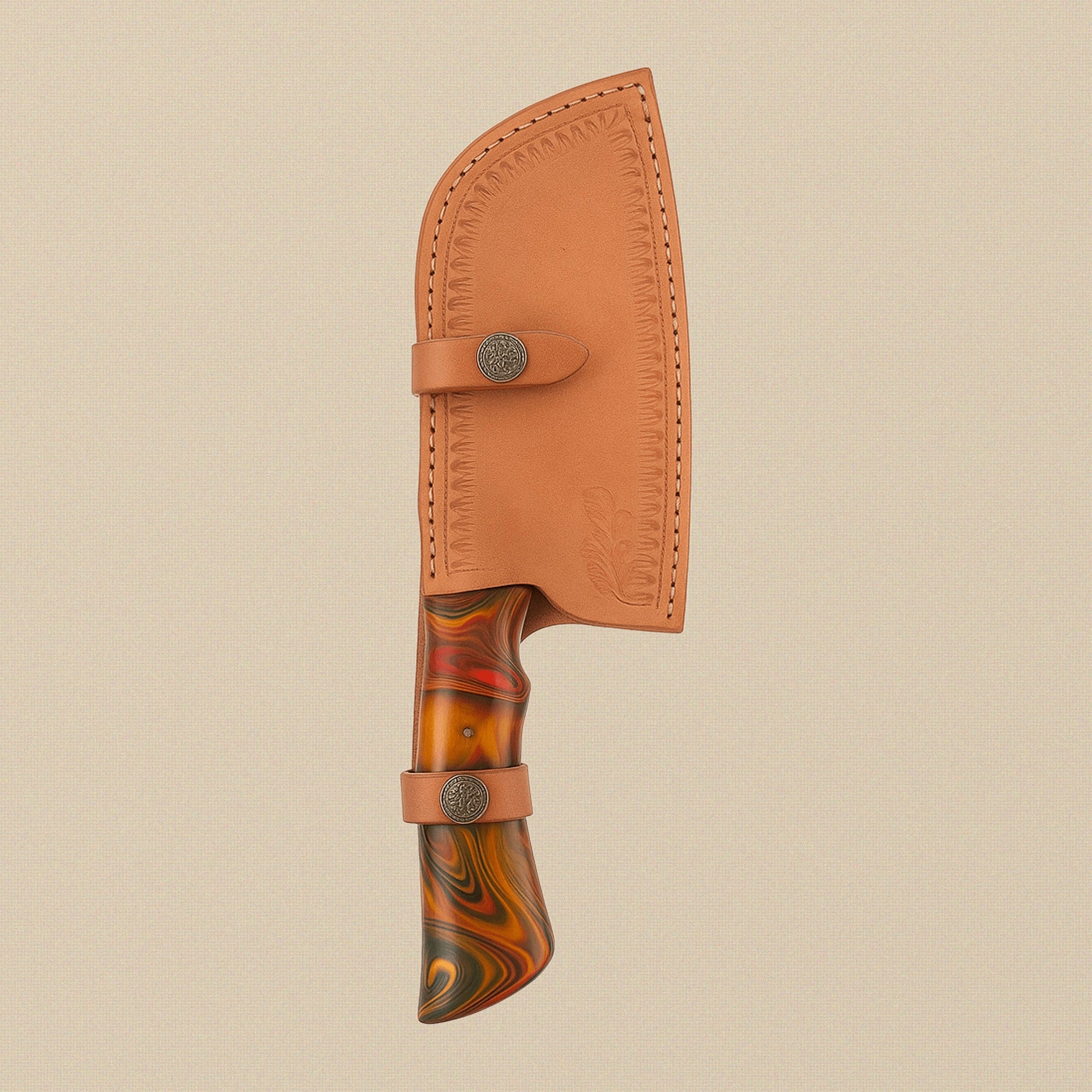 Damascus Steel Cleaver with 165mm Blade, Horn Handle and Leather Sheath | Cleaver | Toolsmith Ltd UK