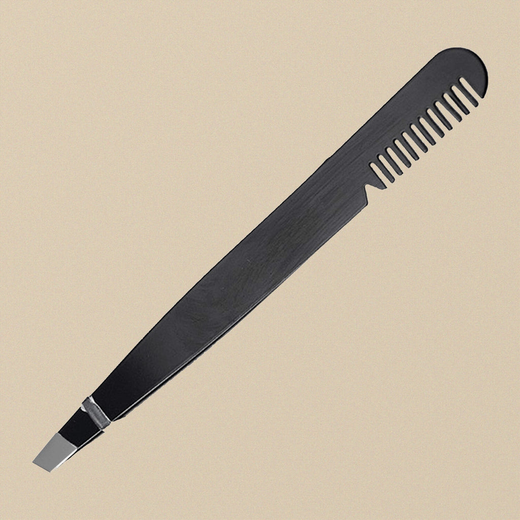 3.75 Inch Stainless Steel Eyebrow Tweezers with Comb, Slanted Tips, Black, Professional Grooming Tool | Beauty & Nail Tools | Toolsmith Ltd UK
