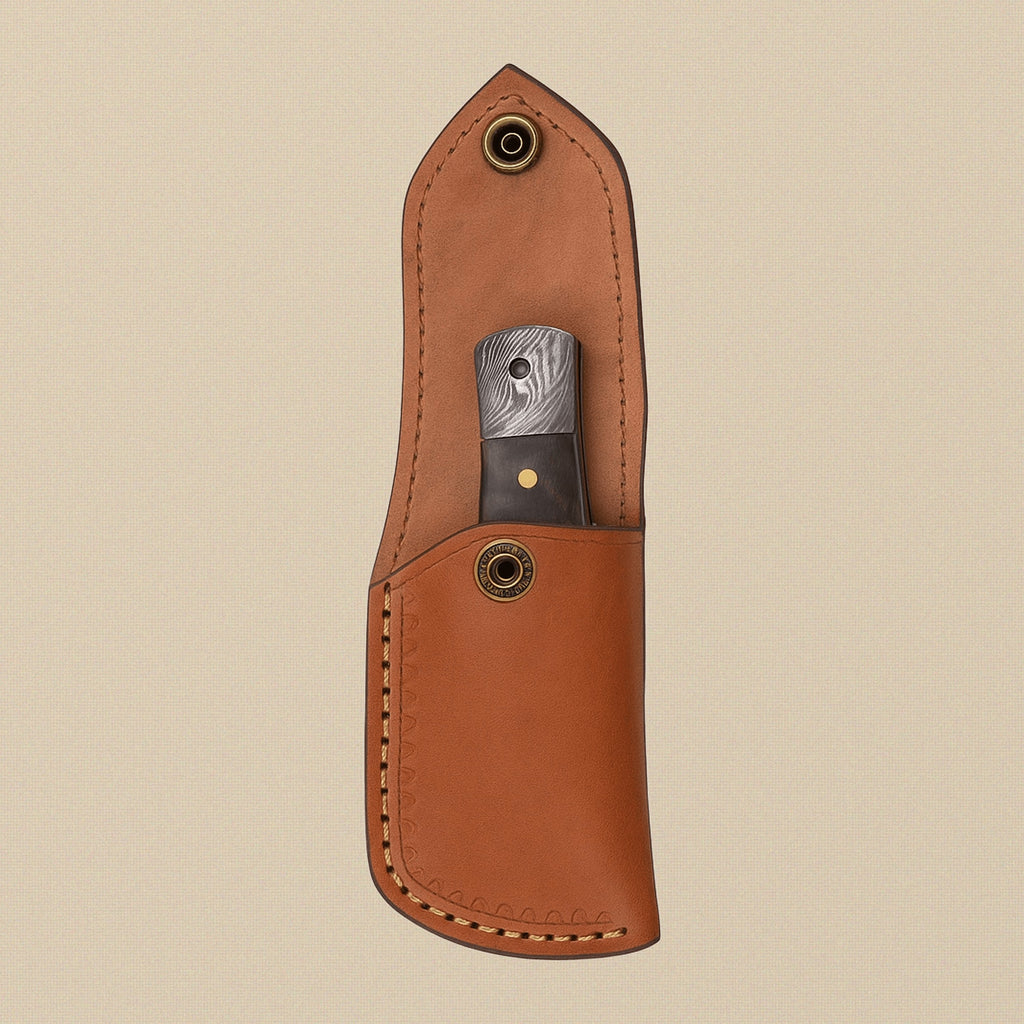 Ram-Horn Handled Folding Knife with Fire Pattern Damascus Blade & Leather Sheath, 190mm | Folding Knife | Toolsmith Ltd UK