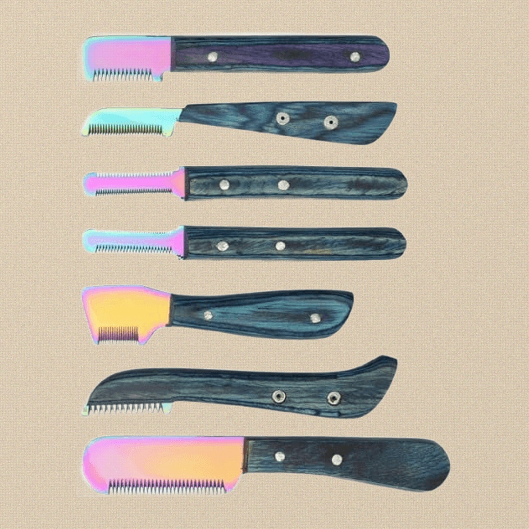 6-Piece Blue Multi Blade Pet Grooming Stripping Knife Set, Stainless Steel Right Handed Combs, Wooden Handle Brushes Come in Storage Box for Cat and Dog | Pet Grooming Tools | Toolsmith Ltd UK
