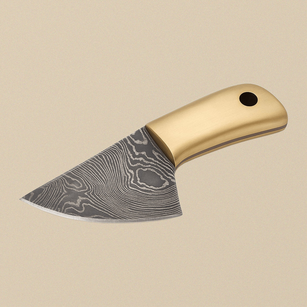 Miniature Damascus Skinner Knife, 66mm Brass-Handled, with Leather Sheath | Miniature Knife | Toolsmith Ltd UK