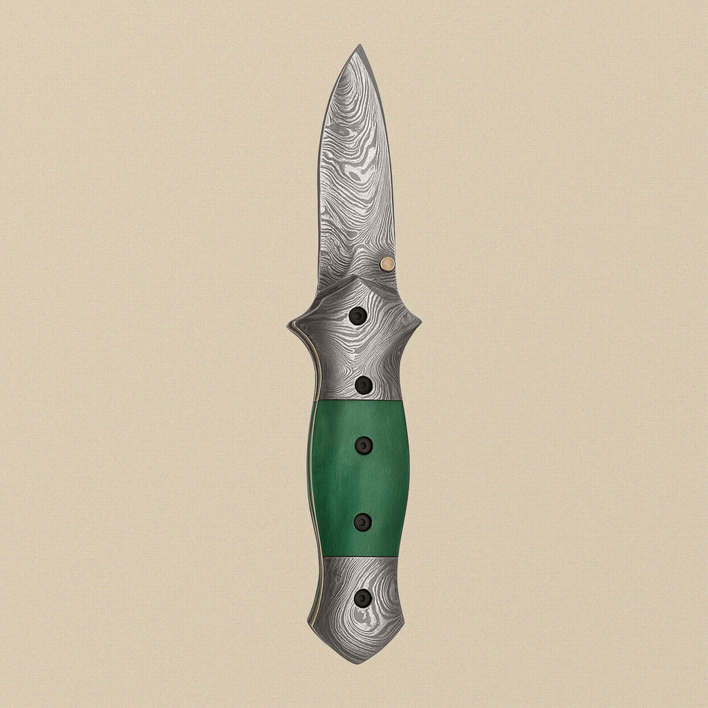 Damascus Steel Folding Knife with Green Camel Bone Handle and Leather Sheath, 7.5-inch | Folding Knife | Toolsmith Ltd UK