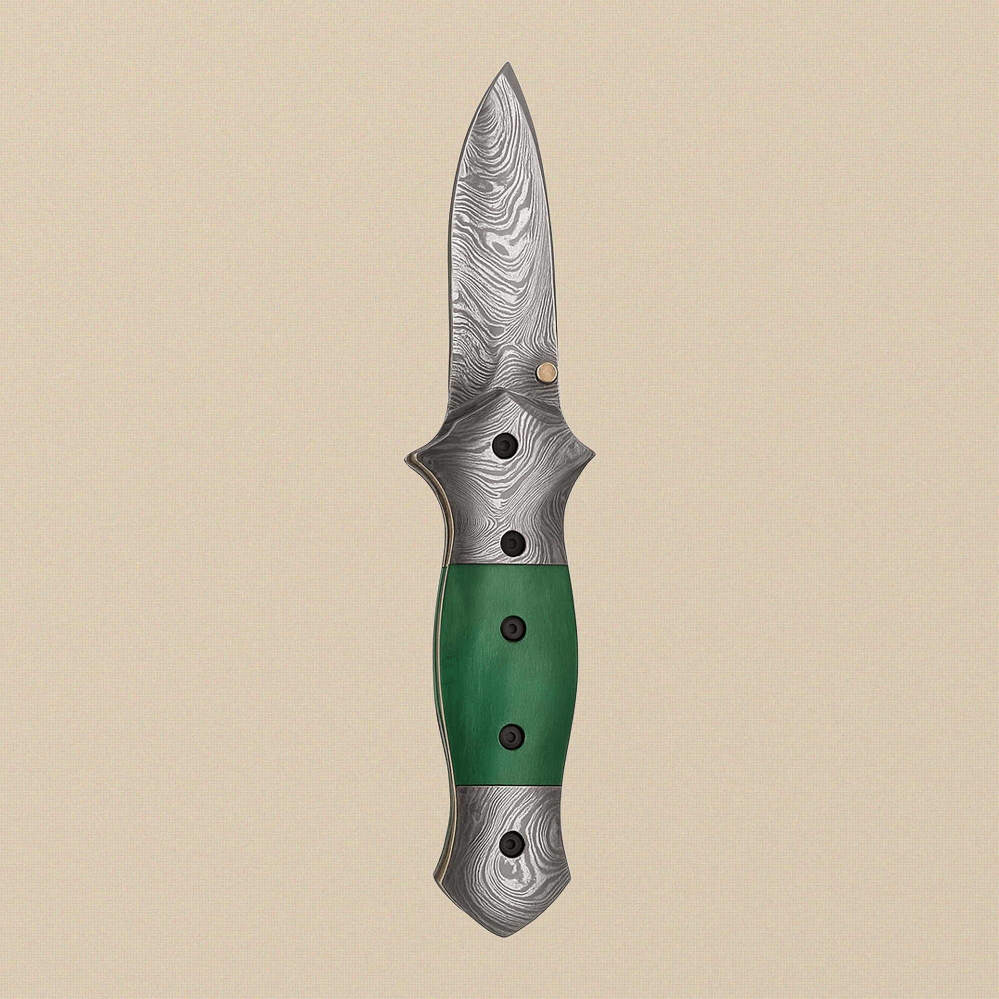 Damascus Steel Folding Knife with Green Camel Bone Handle and Leather Sheath, 7.5-inch | Folding Knife | Toolsmith Ltd UK
