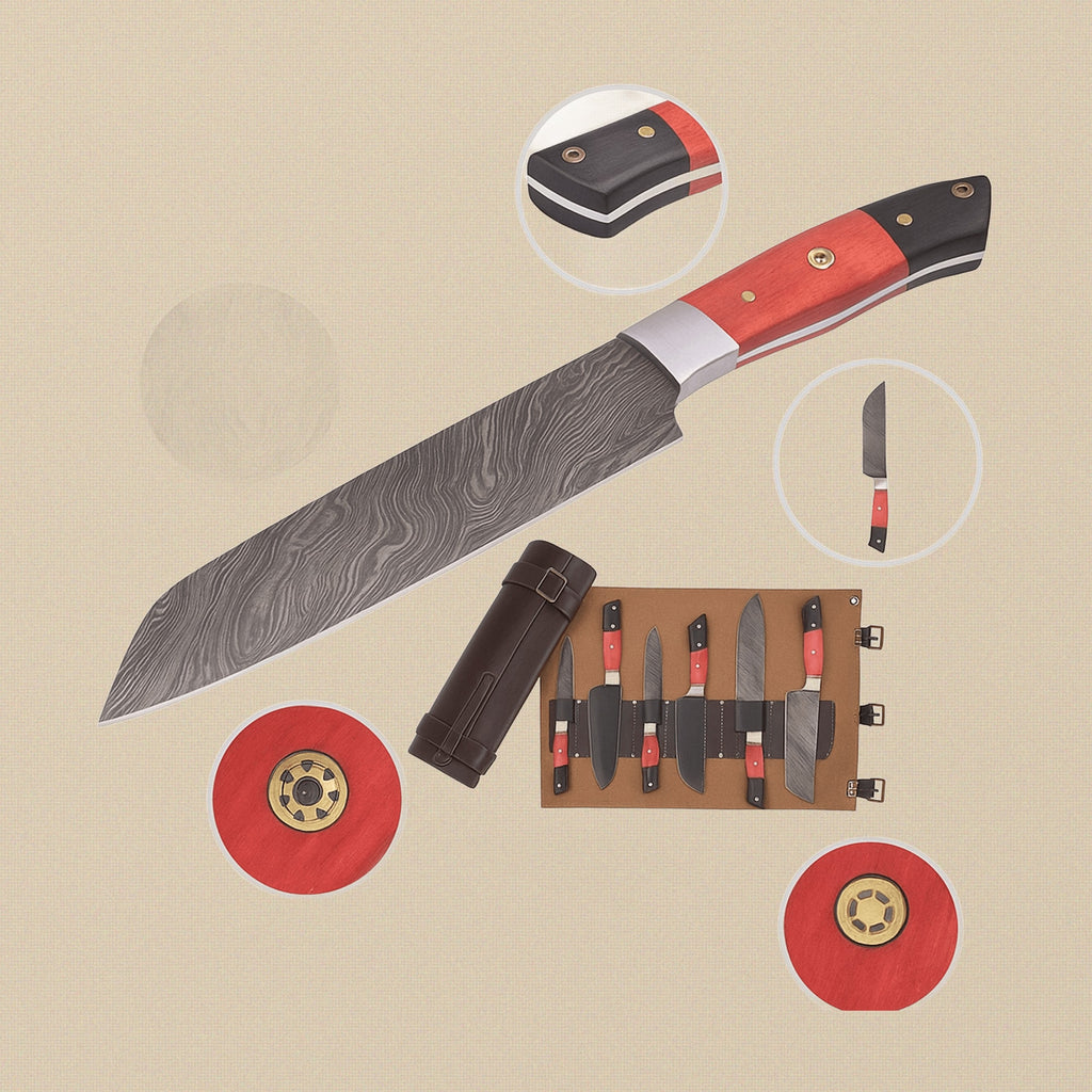 Hand-Forged Damascus Steel Kitchen Knife with Red Pakkawood Handle | Kitchen Knife | Toolsmith Ltd UK