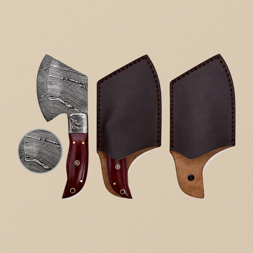 Damascus Steel Hatchet, 190mm, with Exotic Wood Handle and Leather Sheath | Hatchet | Toolsmith Ltd UK