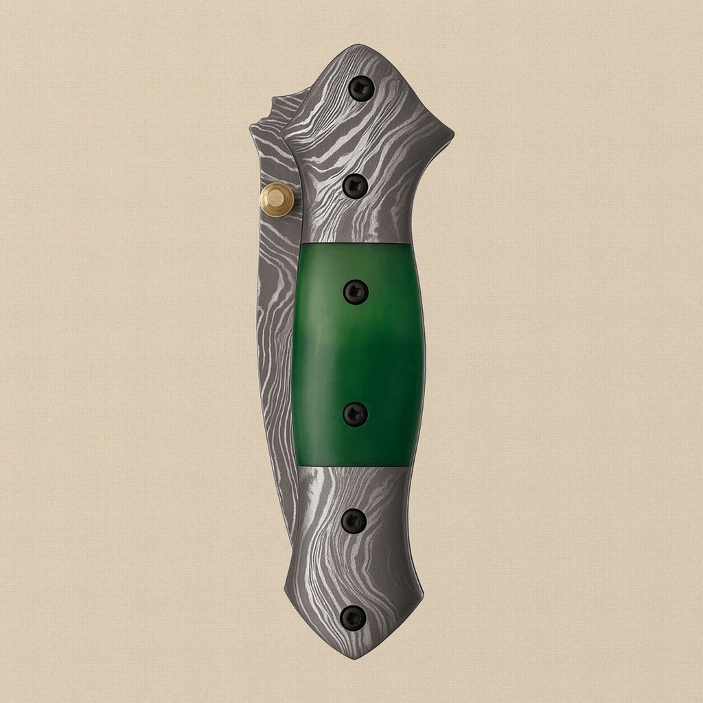 Damascus Steel Folding Knife with Green Camel Bone Handle and Leather Sheath, 7.5-inch | Folding Knife | Toolsmith Ltd UK