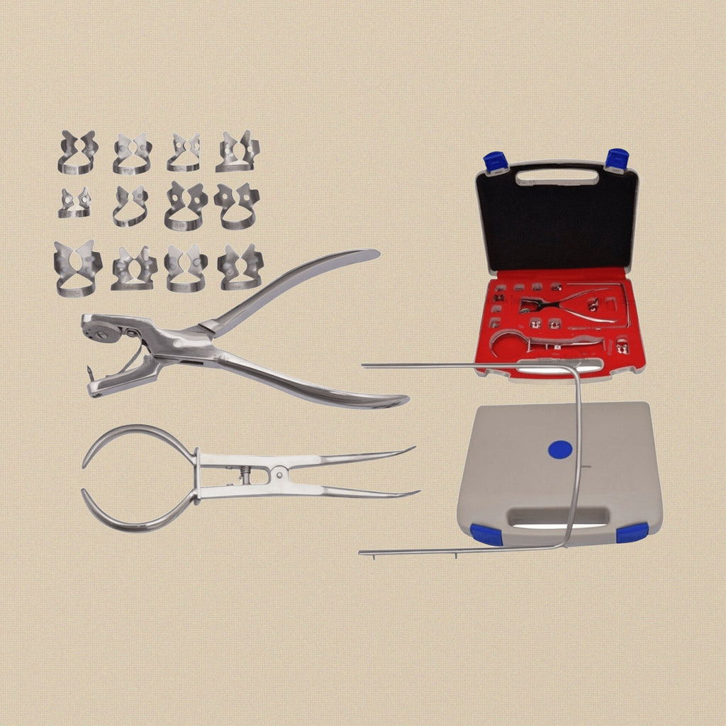 Surgical Steel Rubber Dam Kit with Ainsworth Forceps and 12 Winged Clamps | Surgical Instruments | Toolsmith Ltd UK