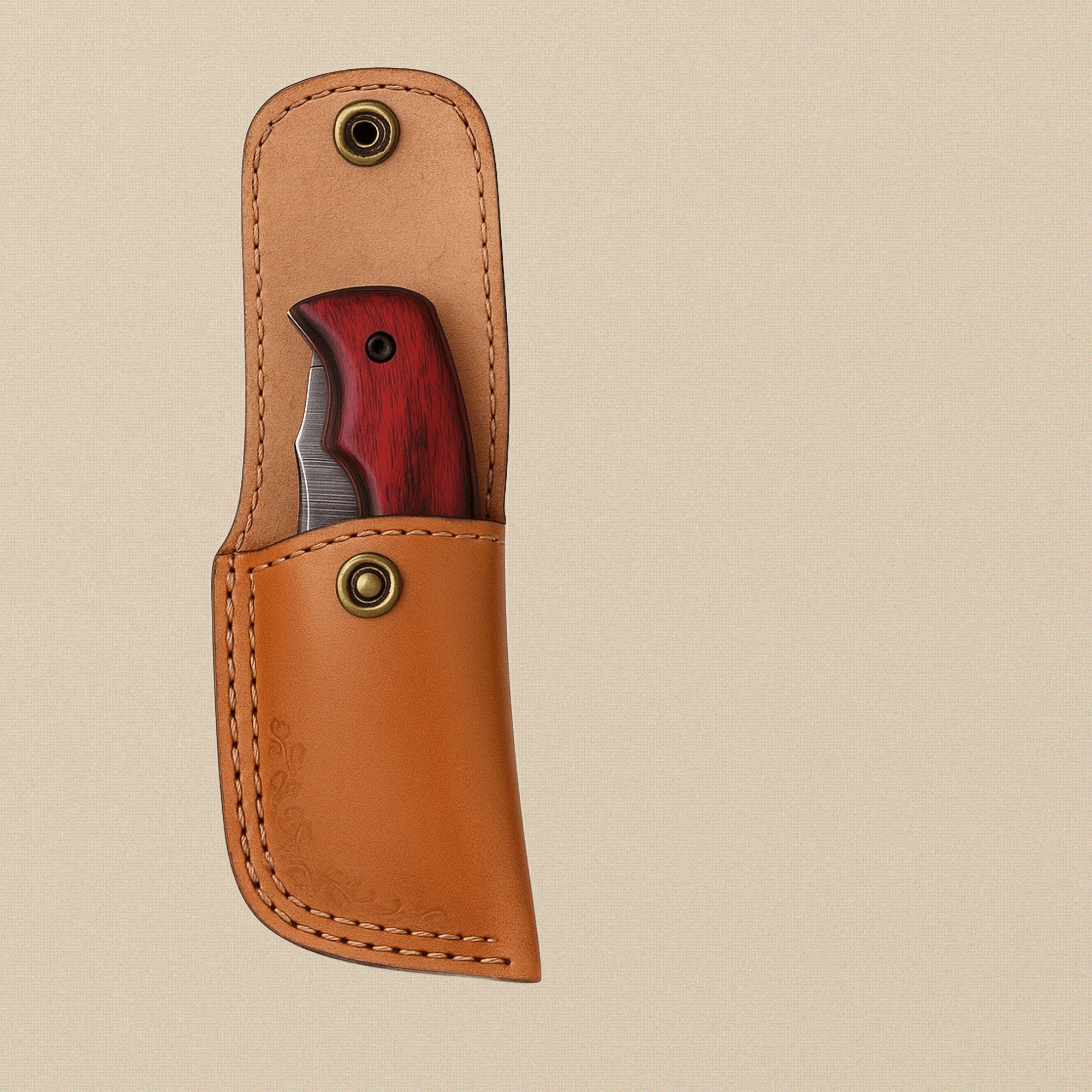 Folding Knife with 76mm Damascus Steel Blade, Red Pakkawood Handle and Leather Sheath | Folding Knife | Toolsmith Ltd UK