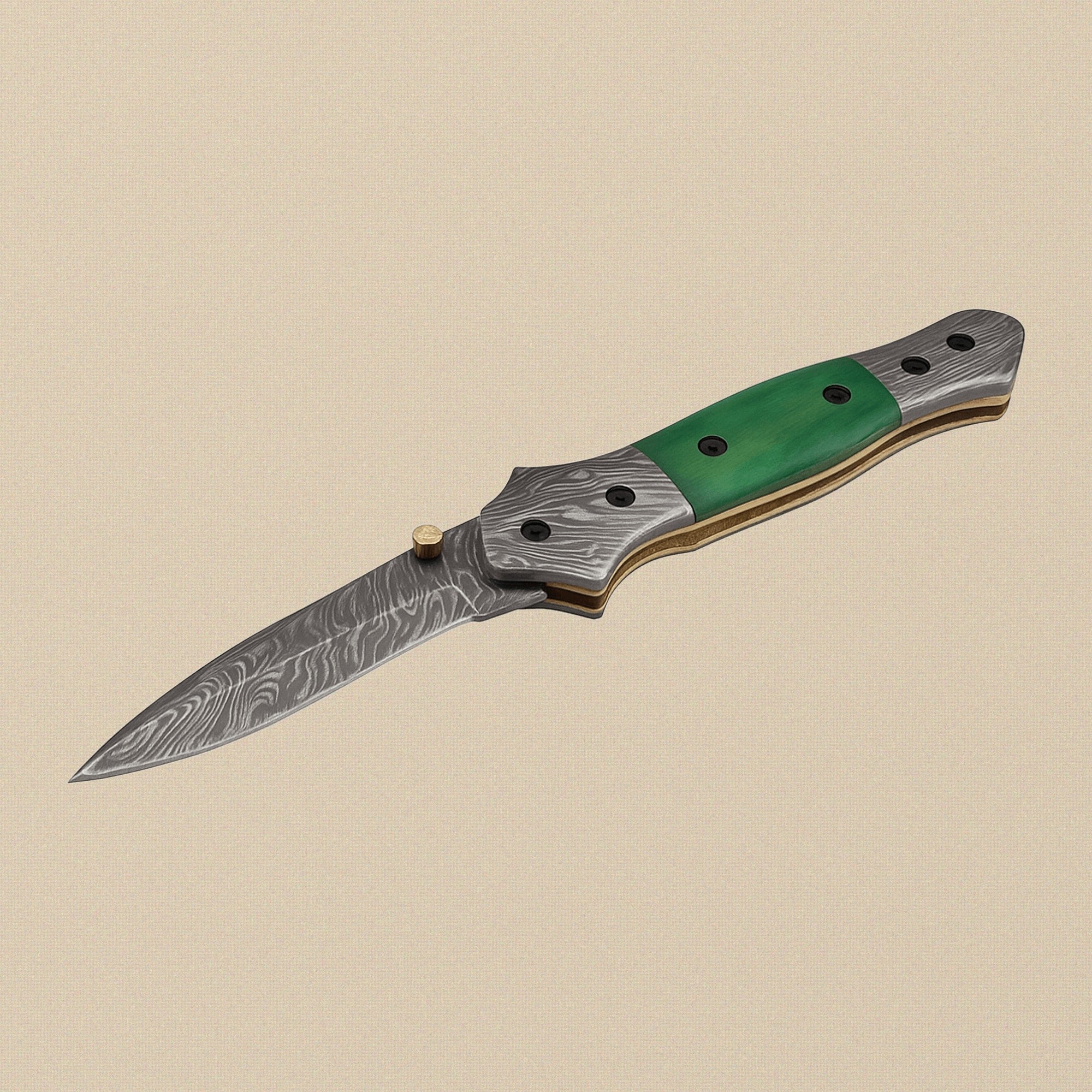 Damascus Steel Folding Knife with Green Camel Bone Handle and Leather Sheath, 7.5-inch | Folding Knife | Toolsmith Ltd UK