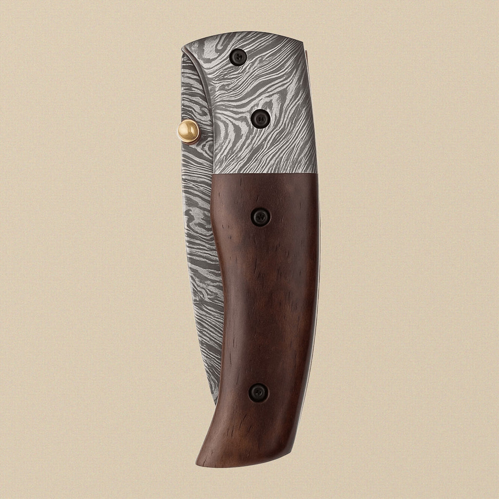 Ram-Horn Handled Damascus Folding Knife with Fire Pattern Blade & Sheath, 7.5-inch | Folding Knife | Toolsmith Ltd UK