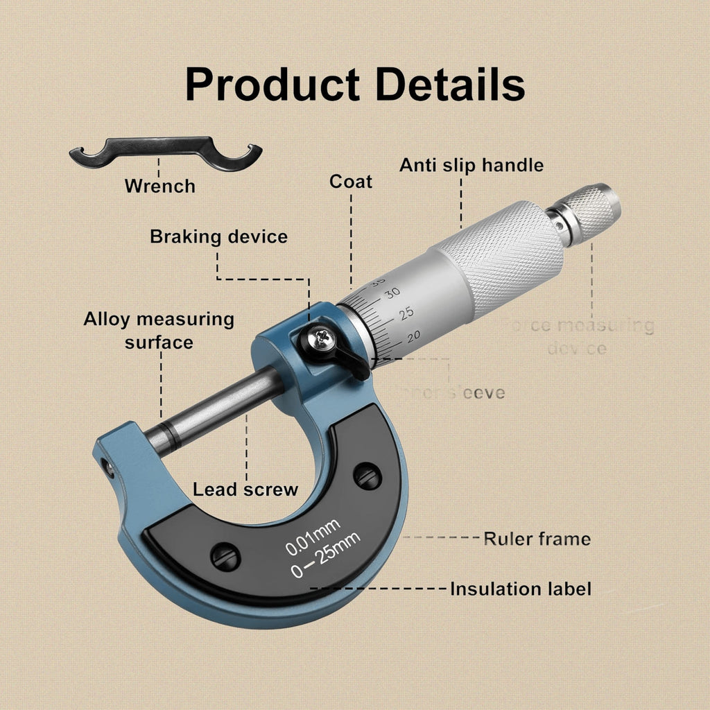 Outside Micrometer 0-25mm, High Precision Metric Measurement Tool, 0.01mm Graduations, Metal Construction with Storage Case | Jewellery Making Tools | Toolsmith Ltd UK
