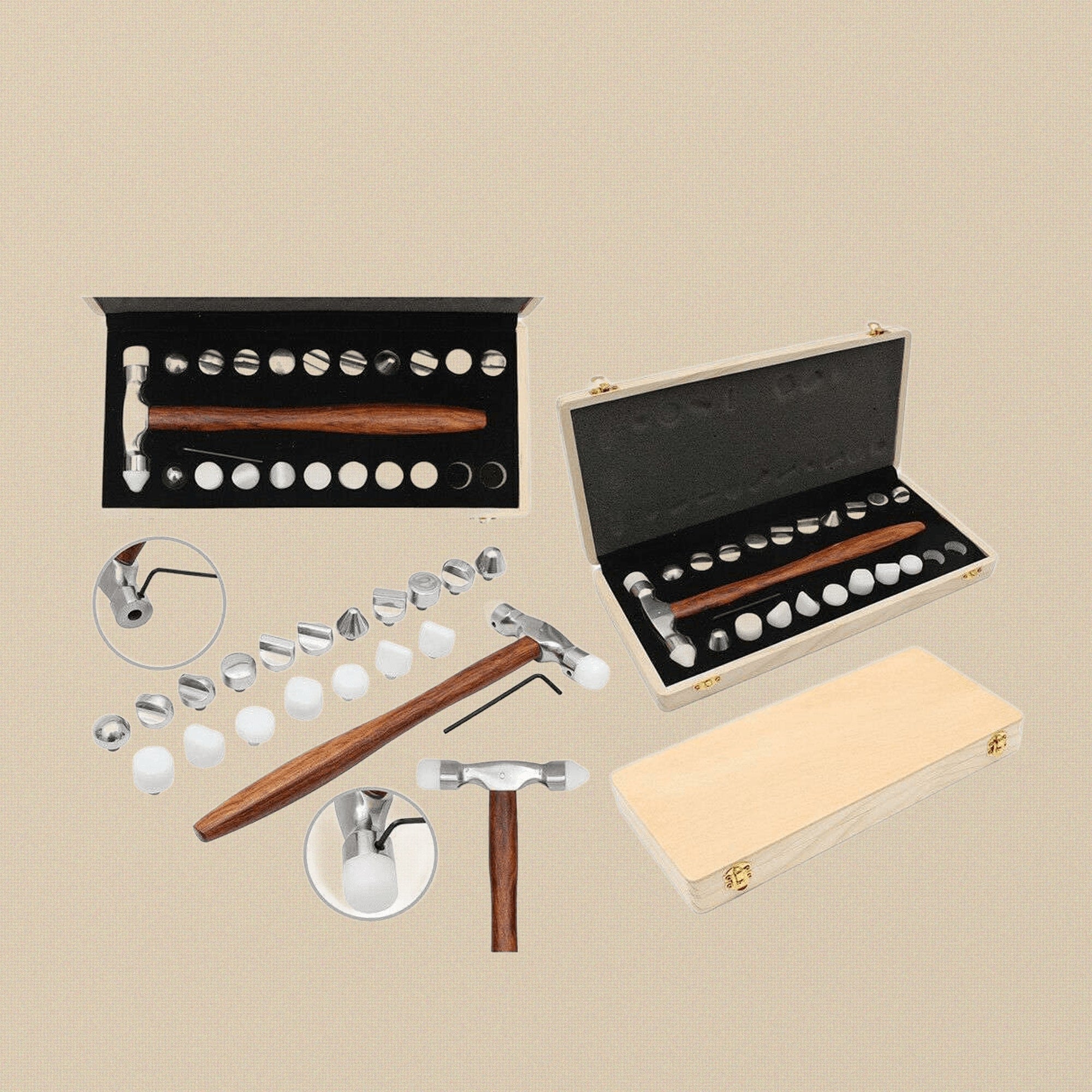 20 Pieces Interchangeable Nylon & Steel Heads Hammer Set, Forming Shaping Precision Jewellery Craft Tool with Wooden Handle | Jewellery Making Tools | Toolsmith Ltd UK