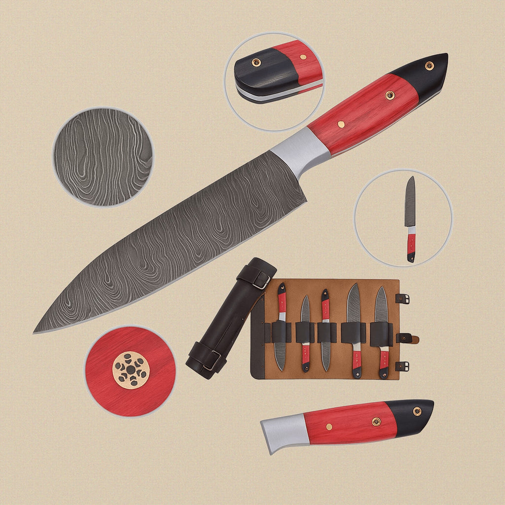 Hand-Forged Damascus Steel Kitchen Knife with Red Pakkawood Handle | Kitchen Knife | Toolsmith Ltd UK