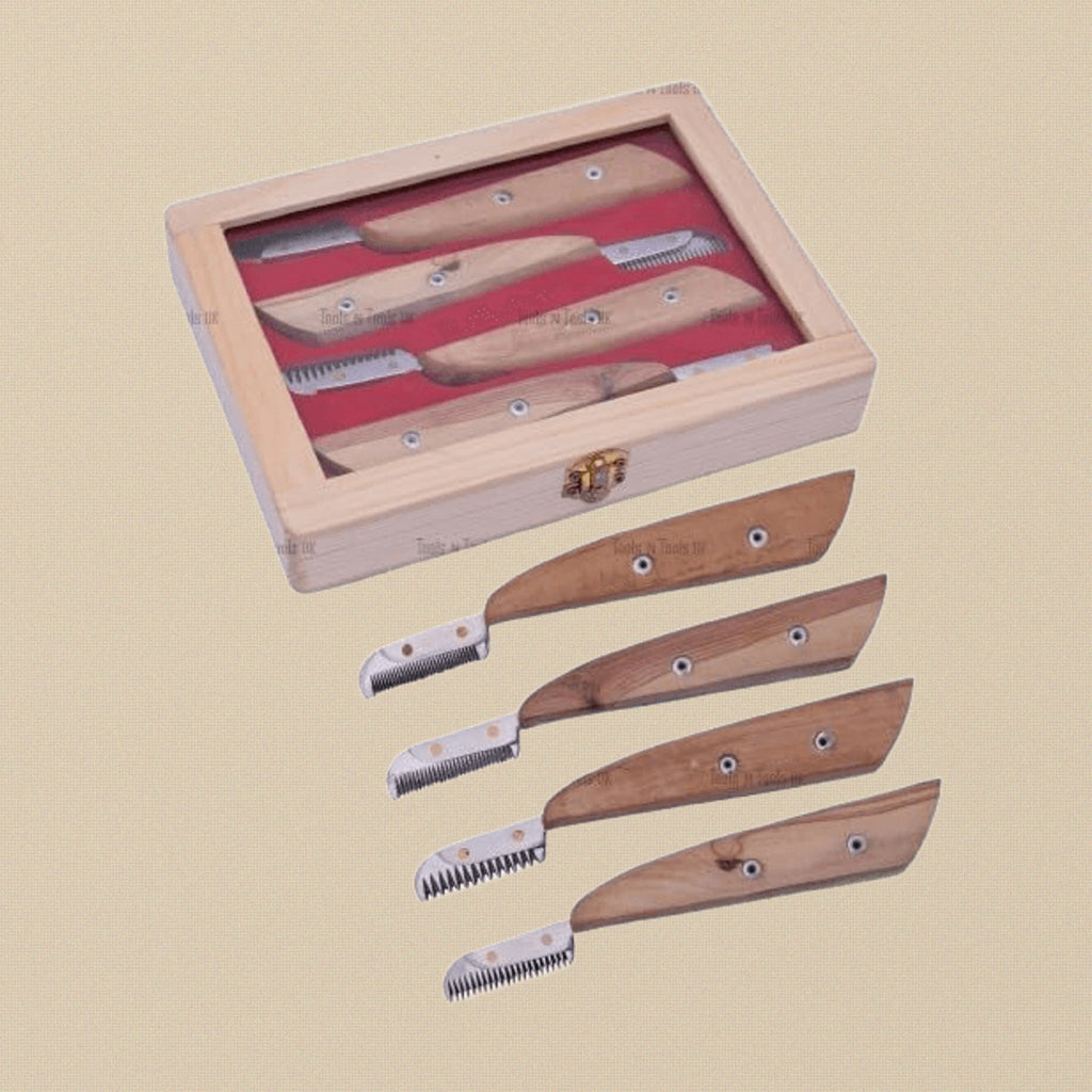 4-Piece Pet Stripping Knife Set, Stainless Steel Right Handed Design, Wooden Handle Carding Combs for Dog, Cat, Fox and Terrier Grooming with Box, S Fine, Fine, Medium & Coarse Sizes | Pet Grooming Tools | Toolsmith Ltd UK