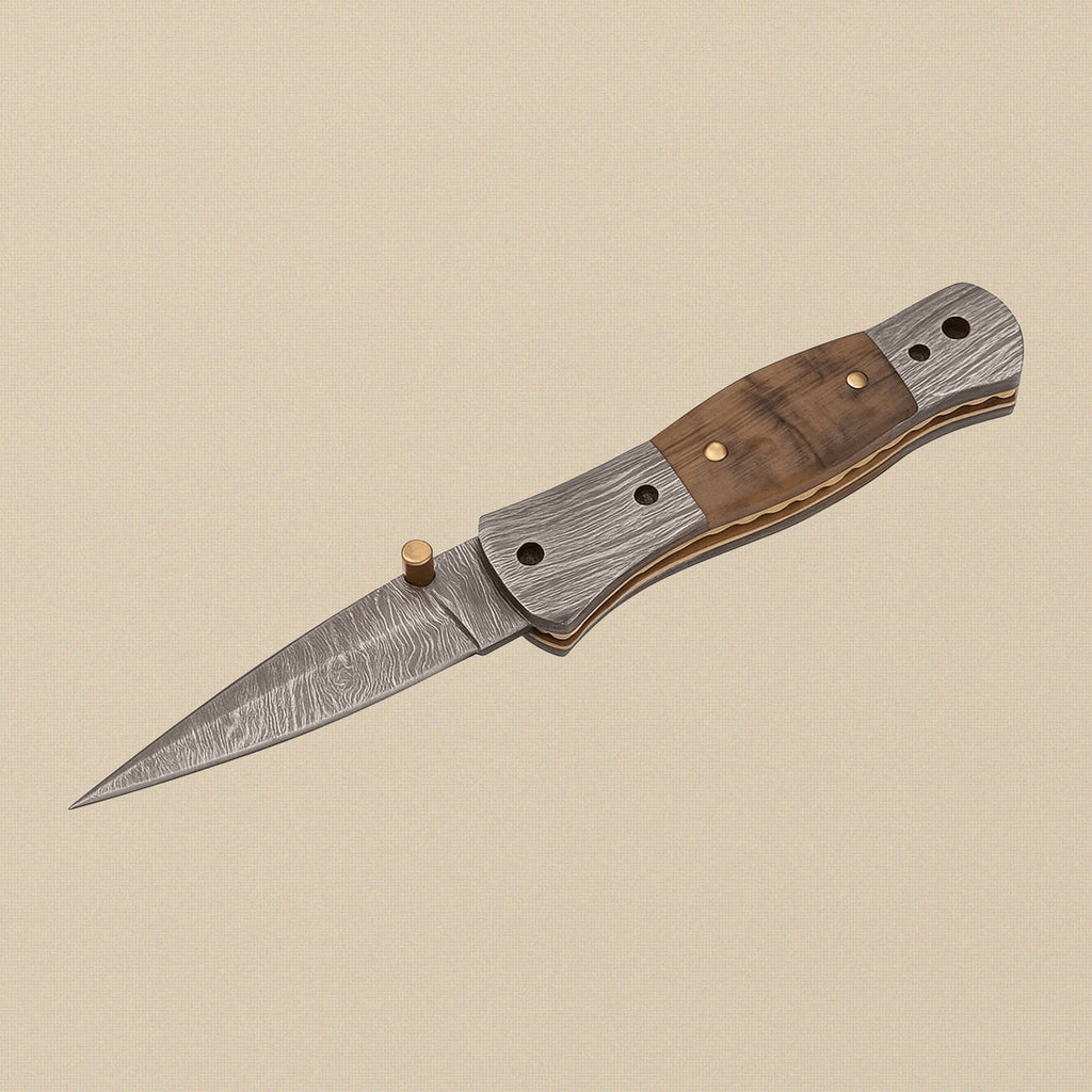 Ram-Horn Handled Folding Knife with Fire Pattern Damascus Blade & Leather Sheath, 190mm | Folding Knife | Toolsmith Ltd UK