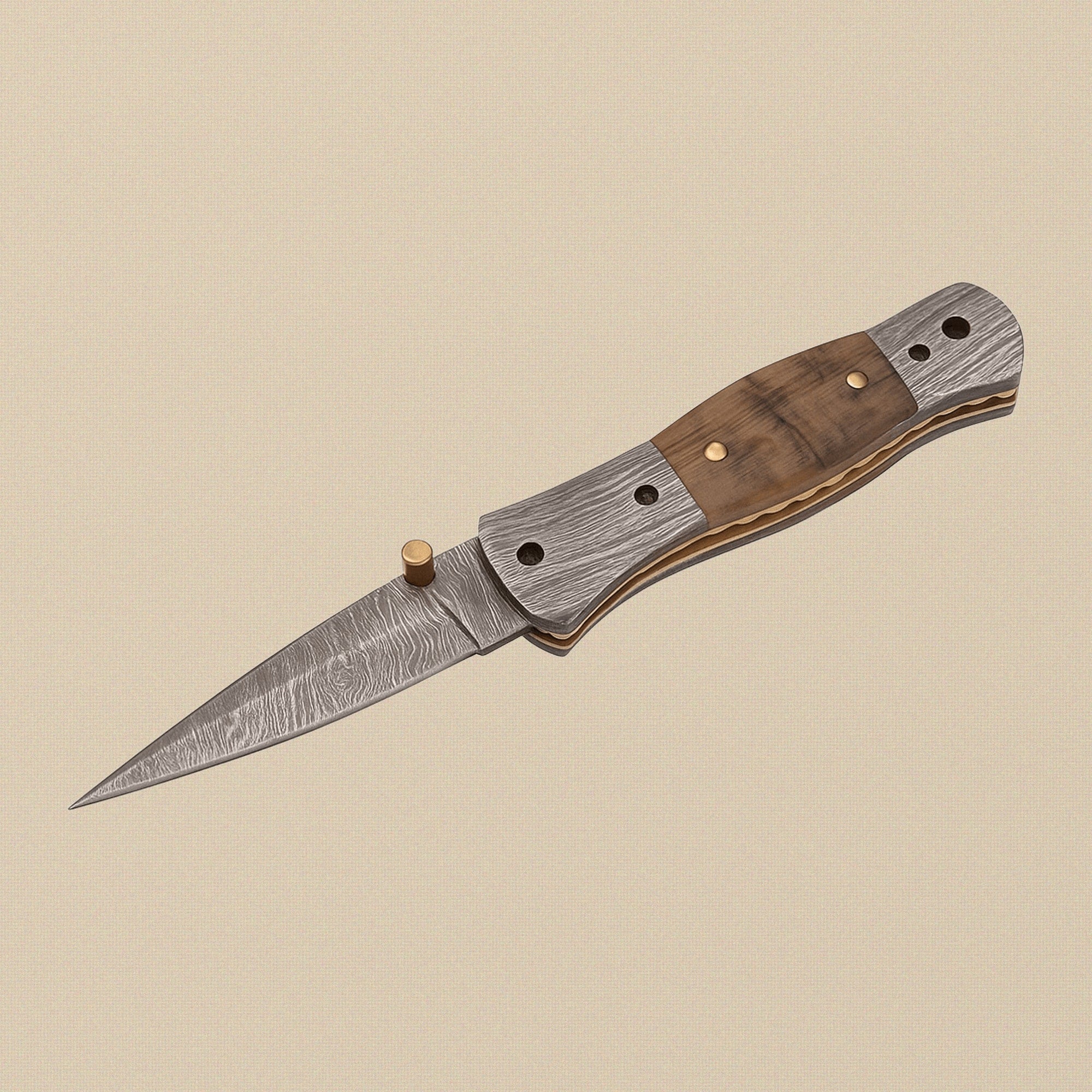 Ram-Horn Handled Folding Knife with Fire Pattern Damascus Blade & Leather Sheath, 190mm | Folding Knife | Toolsmith Ltd UK