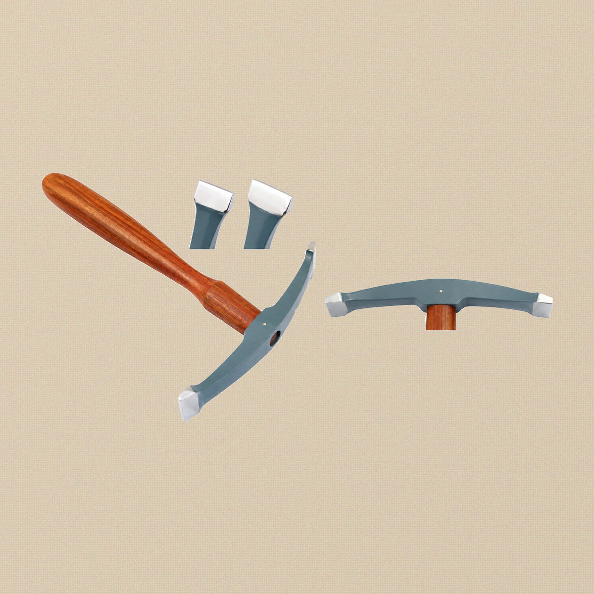 Anticlastic raising cross peen hammer with a curved head and wooden handle, with insets of both faces and the head end on