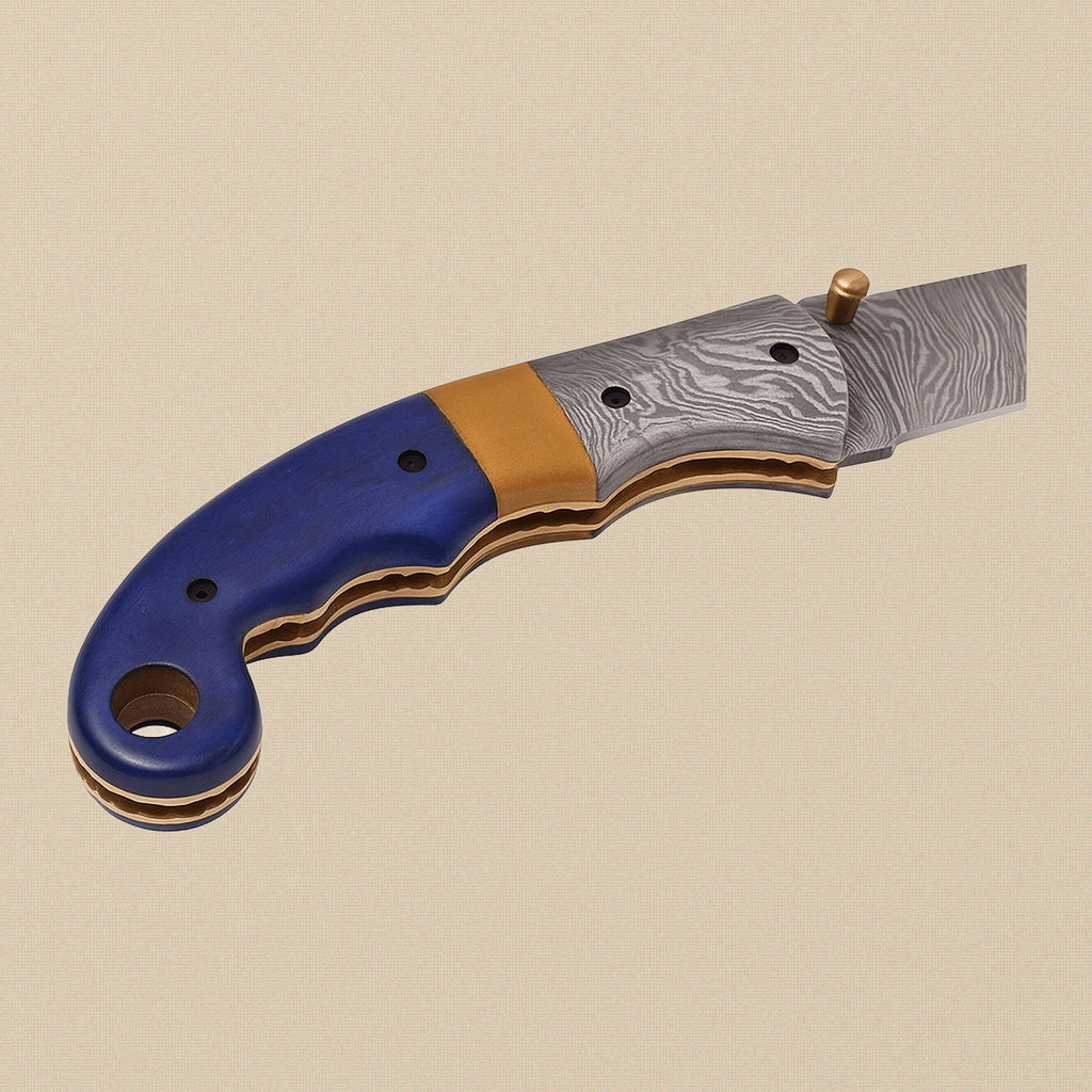 Damascus Steel Folding Knife with Blue Camel Bone Handle & Sheath, 7.5" (190mm) | Folding Knife | Toolsmith Ltd UK