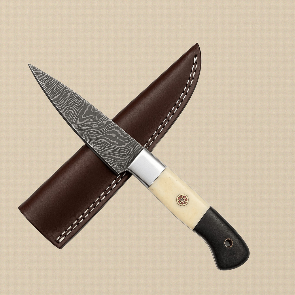 8-Piece Damascus Steel Chef Knife Set with Camel Bone & Micarta Handles and Leather Sheaths | Knife Set | Toolsmith Ltd UK
