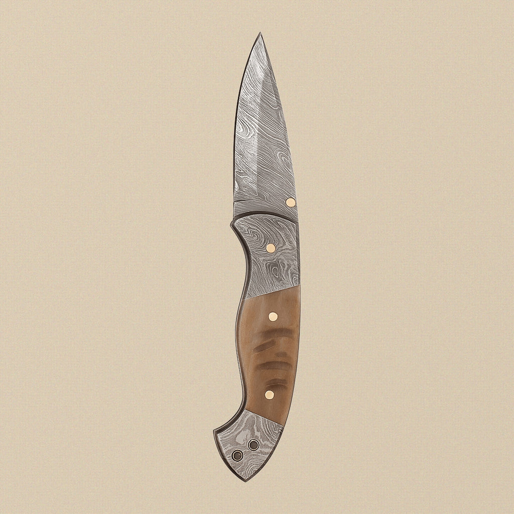 Folding Knife with Ram Horn Handle, 3.5" Fire Pattern Damascus Blade & Leather Sheath | Folding Knife | Toolsmith Ltd UK