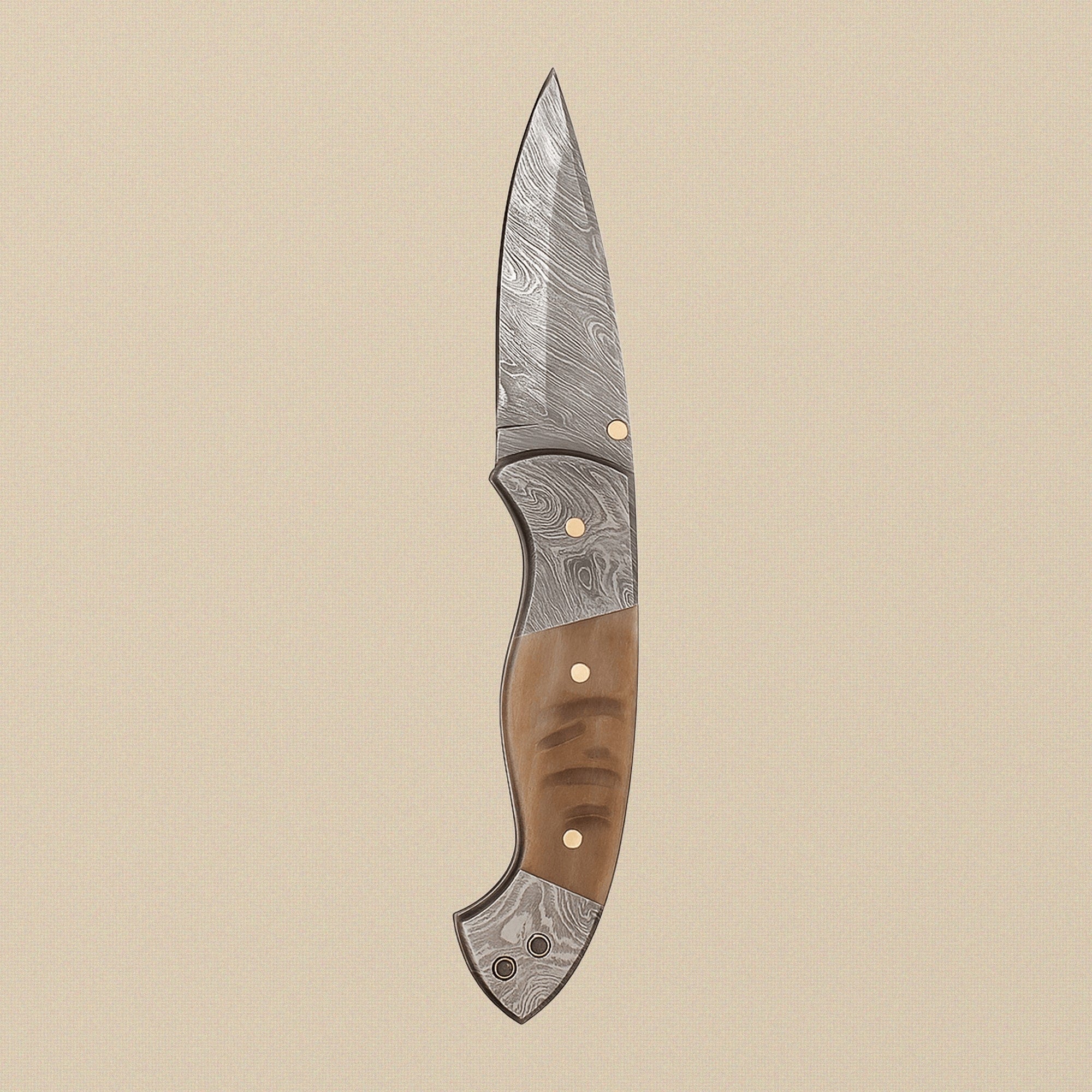 Folding Knife with Ram Horn Handle, 3.5" Fire Pattern Damascus Blade & Leather Sheath | Folding Knife | Toolsmith Ltd UK