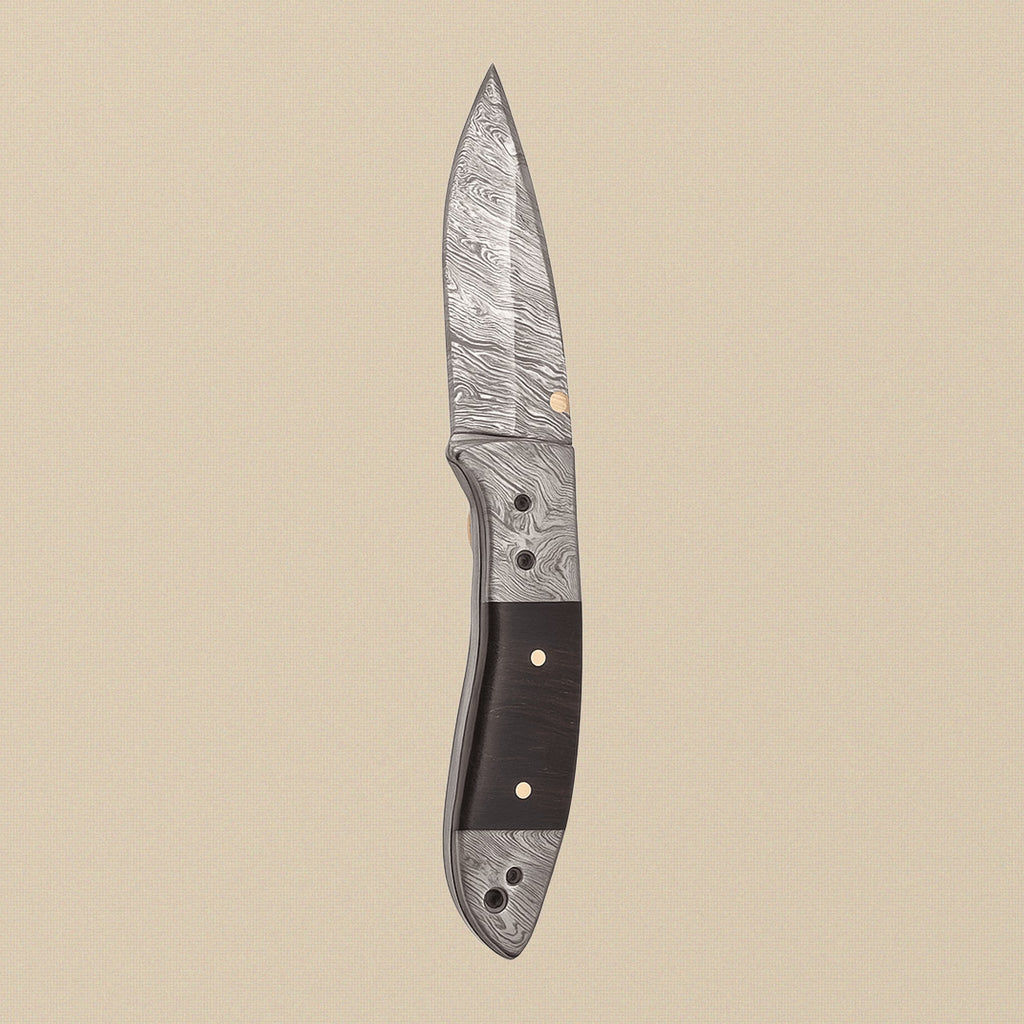 Damascus Steel Folding Knife with Black Ram Horn Handle & Leather Sheath, 7.5-inch | Folding Knife | Toolsmith Ltd UK
