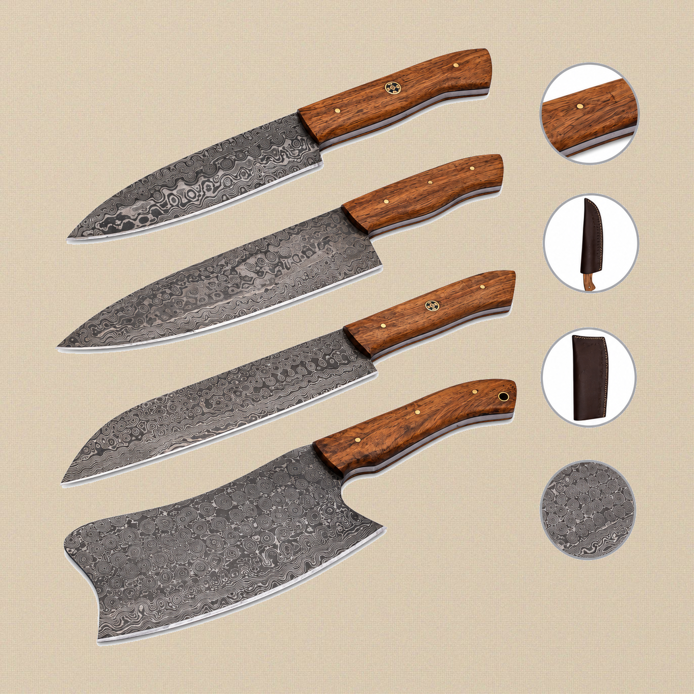 Four-Piece Damascus Chef Knife Set with Rosewood Handles and Leather Sheaths | Chef Knife Set | Toolsmith Ltd UK